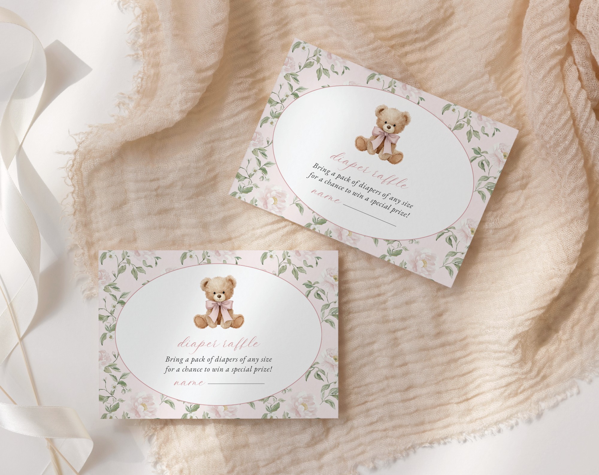 Cute Bear and Pink Flowers Baby Shower Invitation Suite, Girl Baby Shower, Printable File, Edit Yourself, SH233