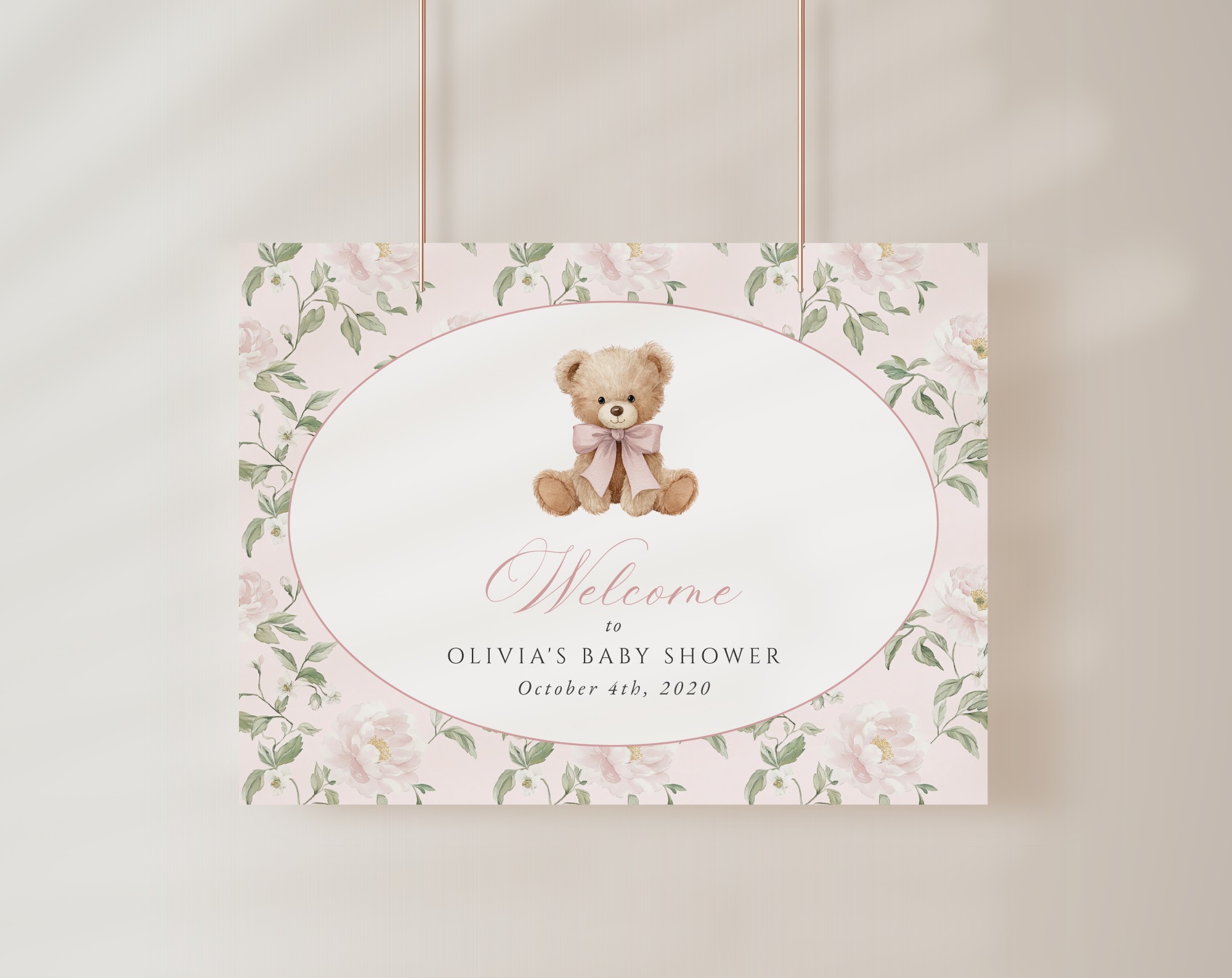 Cute Bear and Pink Flowers Welcome Sign, Baby Shower Sign, Girl Baby Shower, Printable File, Edit Yourself, SH233 Cute Bear and Pink Flowers Welcome Sign, Baby Shower Sign, Girl Baby Shower, Printable File, Edit Yourself, SH233