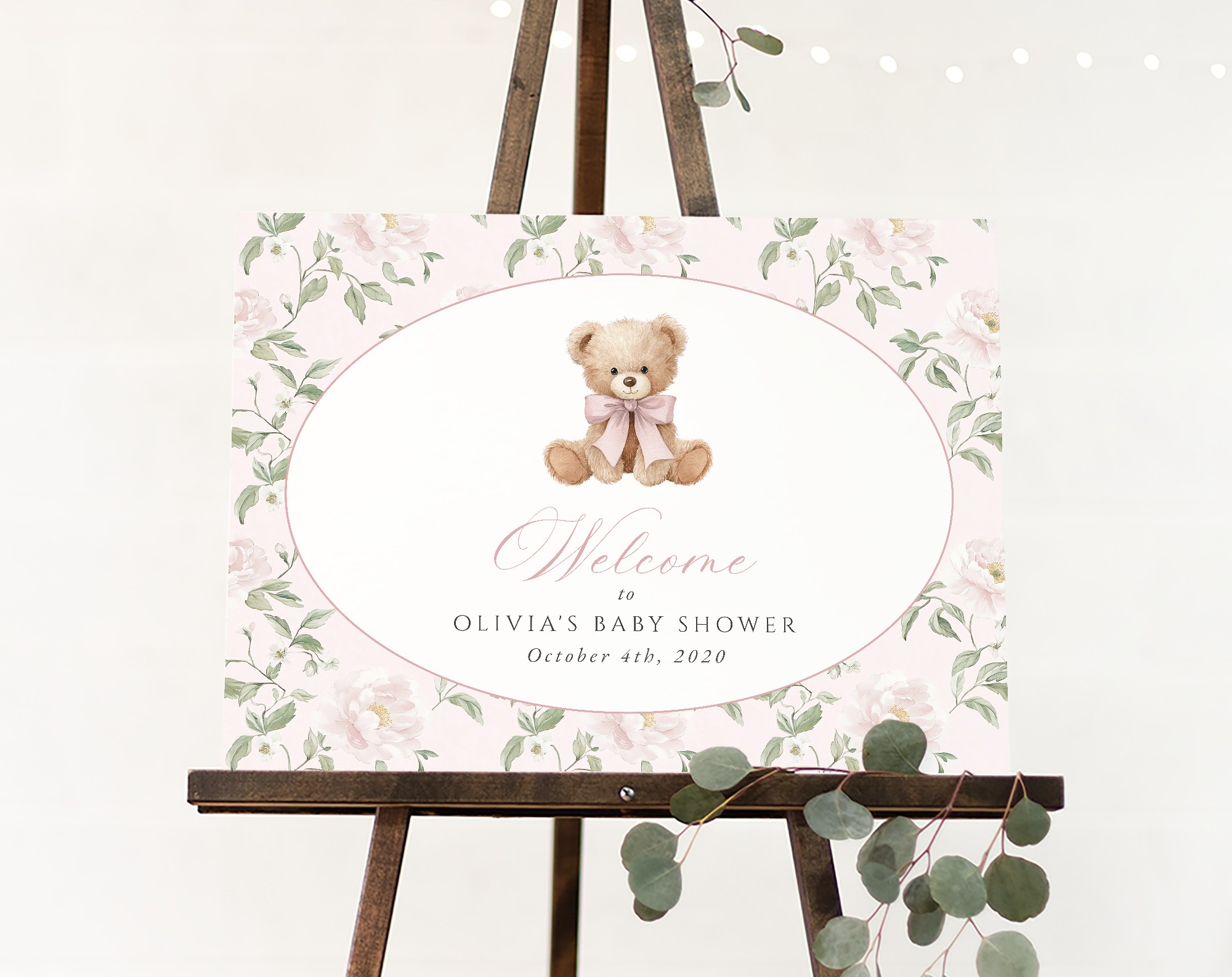 Cute Bear and Pink Flowers Welcome Sign, Baby Shower Sign, Girl Baby Shower, Printable File, Edit Yourself, SH233 Cute Bear and Pink Flowers Welcome Sign, Baby Shower Sign, Girl Baby Shower, Printable File, Edit Yourself, SH233