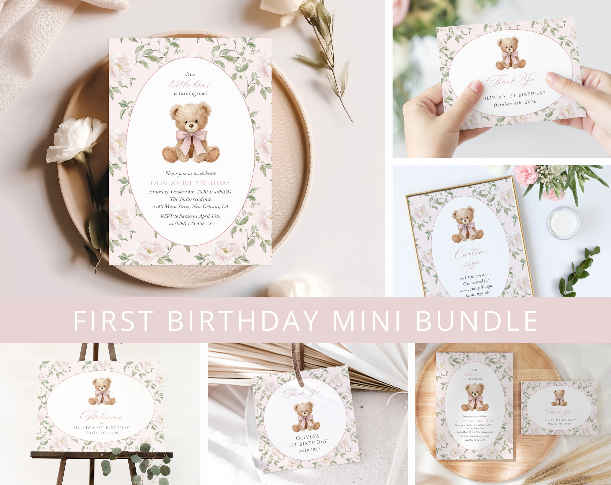 Cute Bear and Pink Flowers First Birthday Mini Bundle, Girl Birthday, Printable File, Edit Yourself, SH234