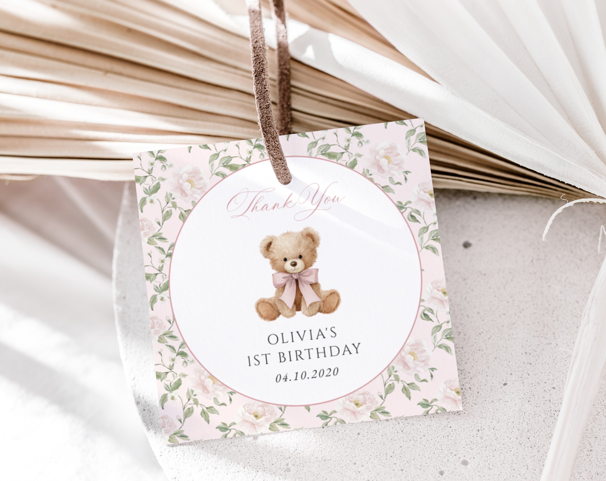 Cute Bear and Pink Flowers Favor Tags, First Birthday, Girl Birthday, Printable File, Edit Yourself, SH234