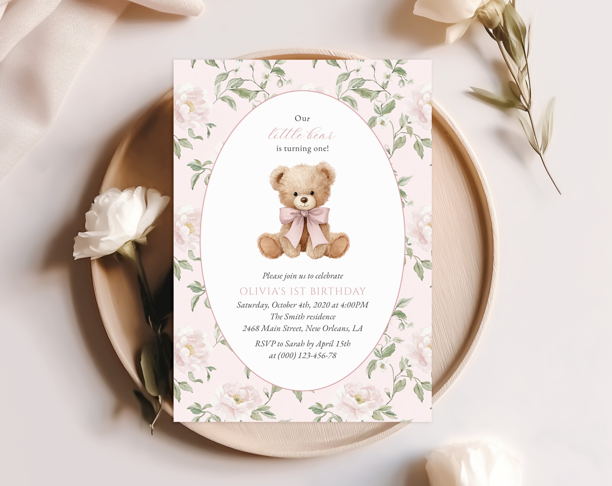 Cute Bear and Pink Flowers First Birthday Invitation, Birthday Stationery, Girl Birthday, Printable File, Edit Yourself, SH234
