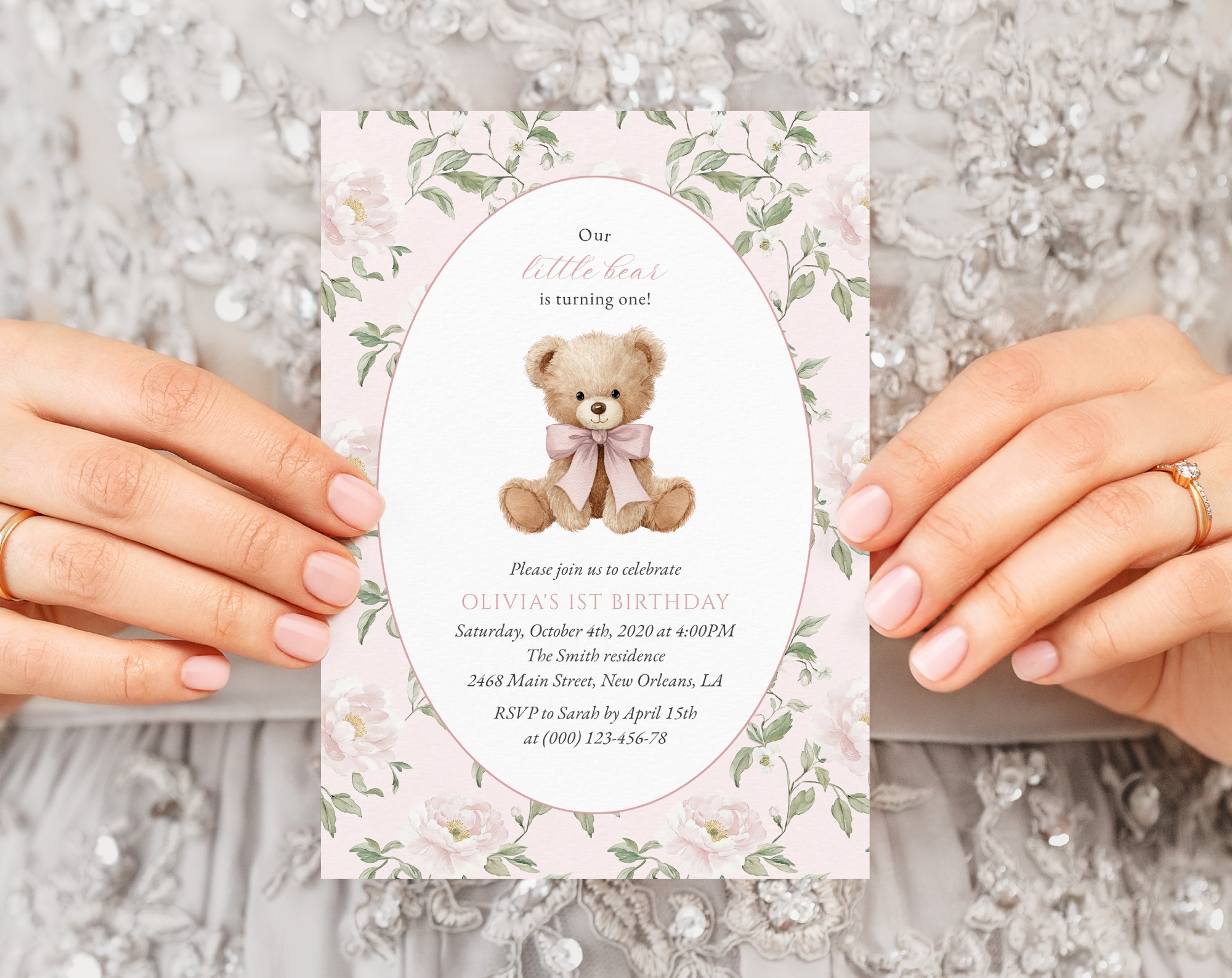 Cute Bear and Pink Flowers First Birthday Invitation, Birthday Stationery, Girl Birthday, Printable File, Edit Yourself, SH234 Cute Bear and Pink Flowers First Birthday Invitation, Birthday Stationery, Girl Birthday, Printable File, Edit Yourself, SH234