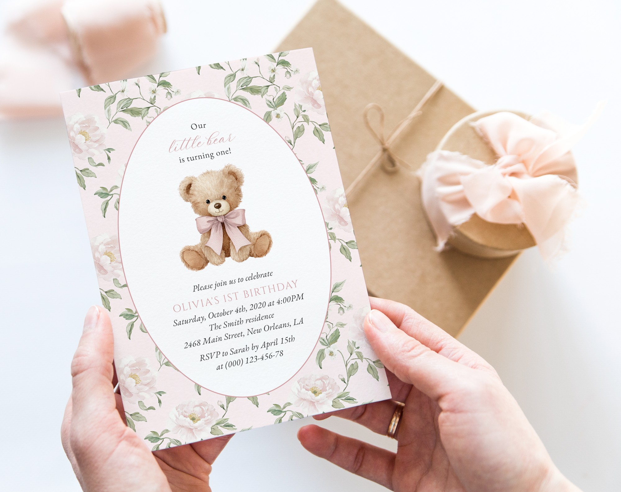 Cute Bear and Pink Flowers First Birthday Invitation, Birthday Stationery, Girl Birthday, Printable File, Edit Yourself, SH234 Cute Bear and Pink Flowers First Birthday Invitation, Birthday Stationery, Girl Birthday, Printable File, Edit Yourself, SH234