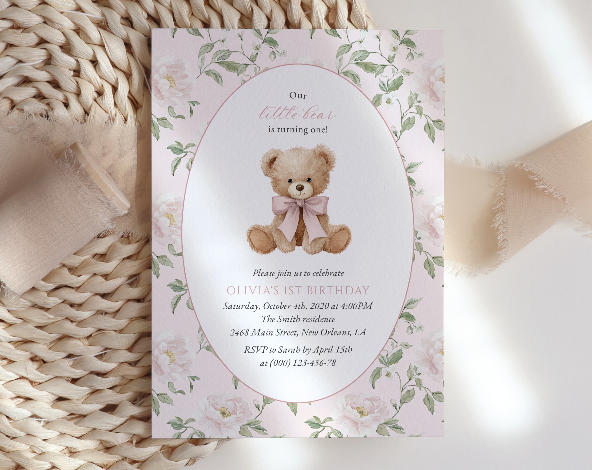 Cute Bear and Pink Flowers First Birthday Invitation, Birthday Stationery, Girl Birthday, Printable File, Edit Yourself, SH234 Cute Bear and Pink Flowers First Birthday Invitation, Birthday Stationery, Girl Birthday, Printable File, Edit Yourself, SH234