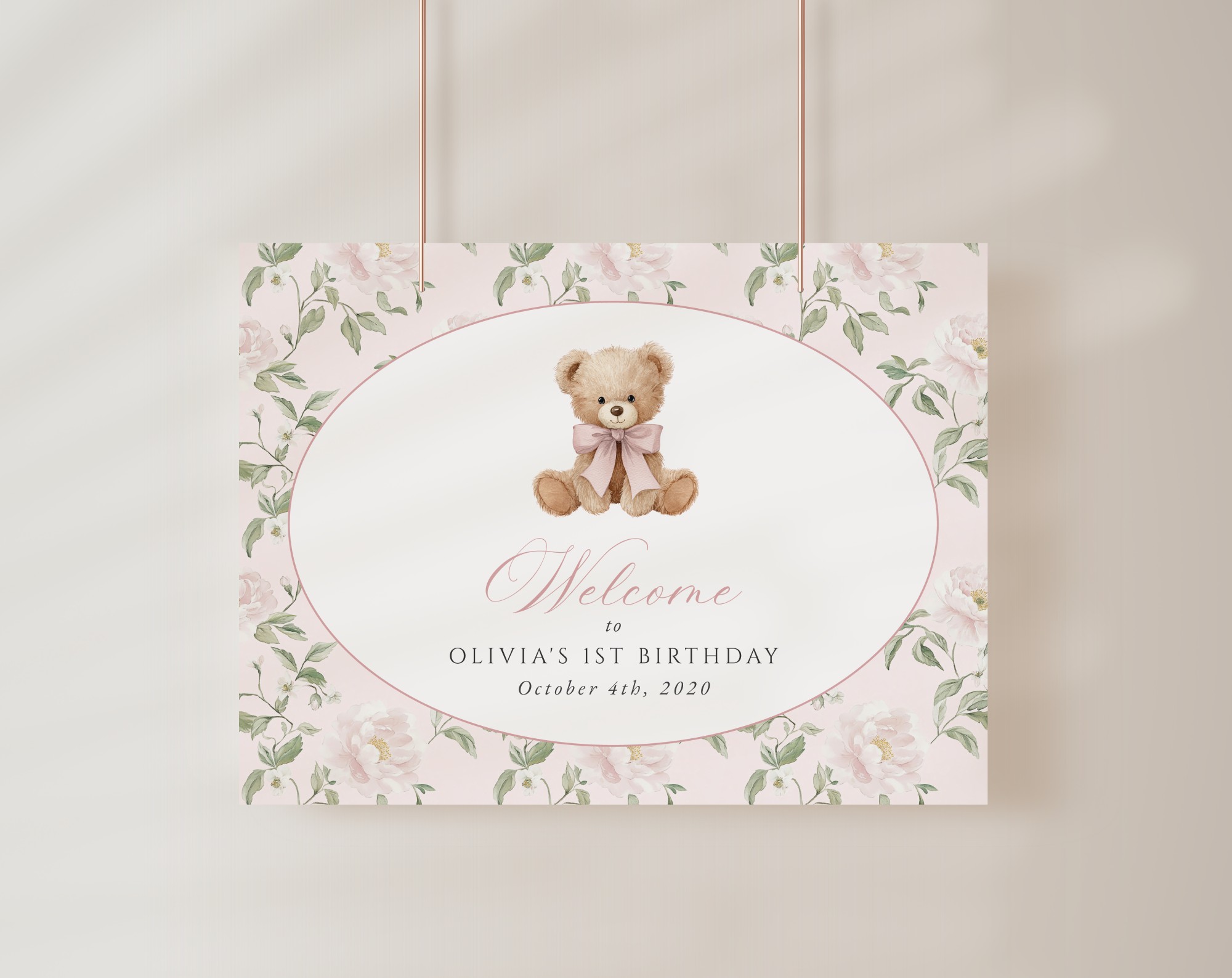 Cute Bear and Pink Flowers Welcome Sign, First Birthday, Girl Birthday, Printable File, Edit Yourself, SH234 Cute Bear and Pink Flowers Welcome Sign, First Birthday, Girl Birthday, Printable File, Edit Yourself, SH234