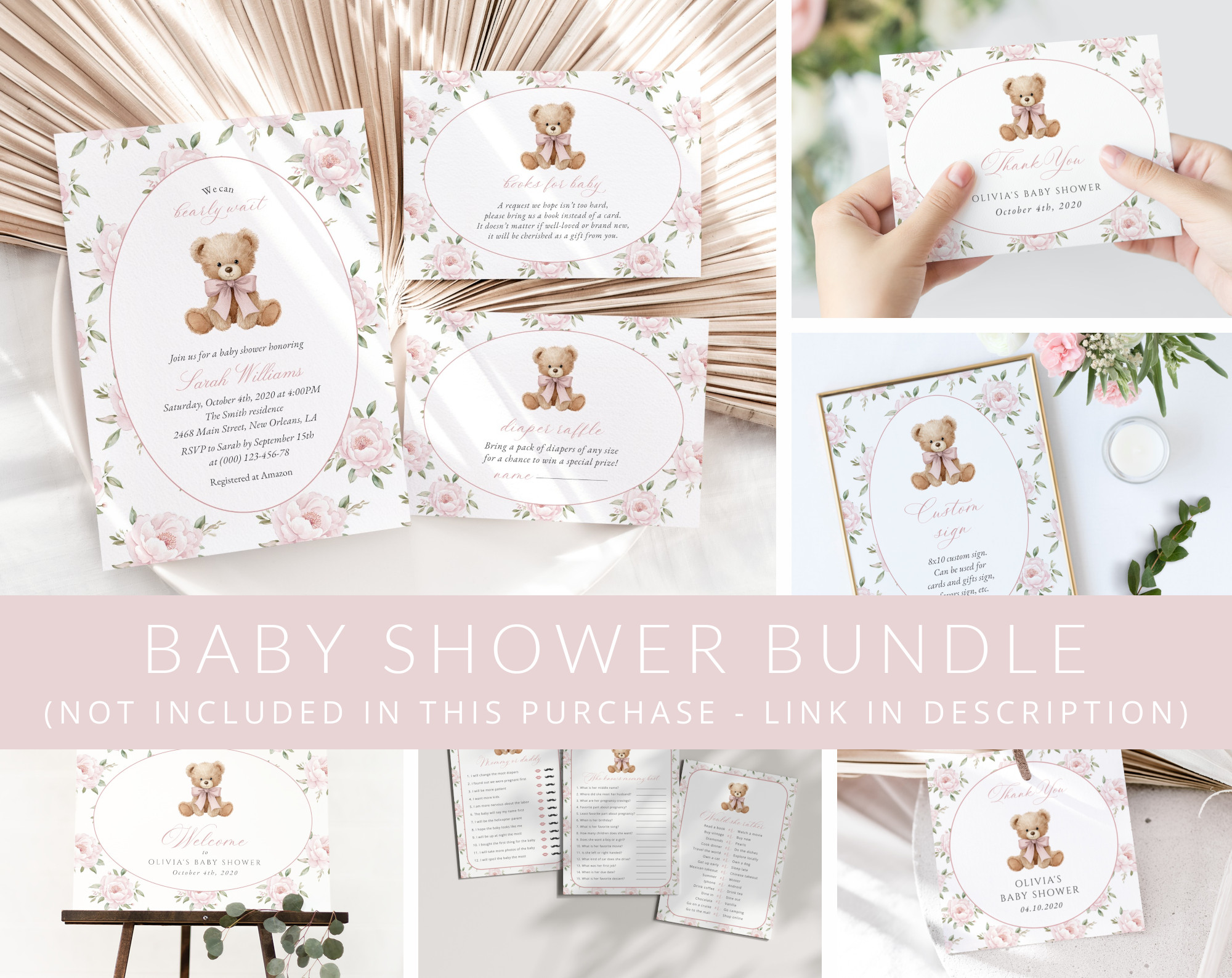 Baby Bear and Pink Flowers Baby Shower Mini Bundle, Girl Baby Shower, Printable File, Edit Yourself, SH235