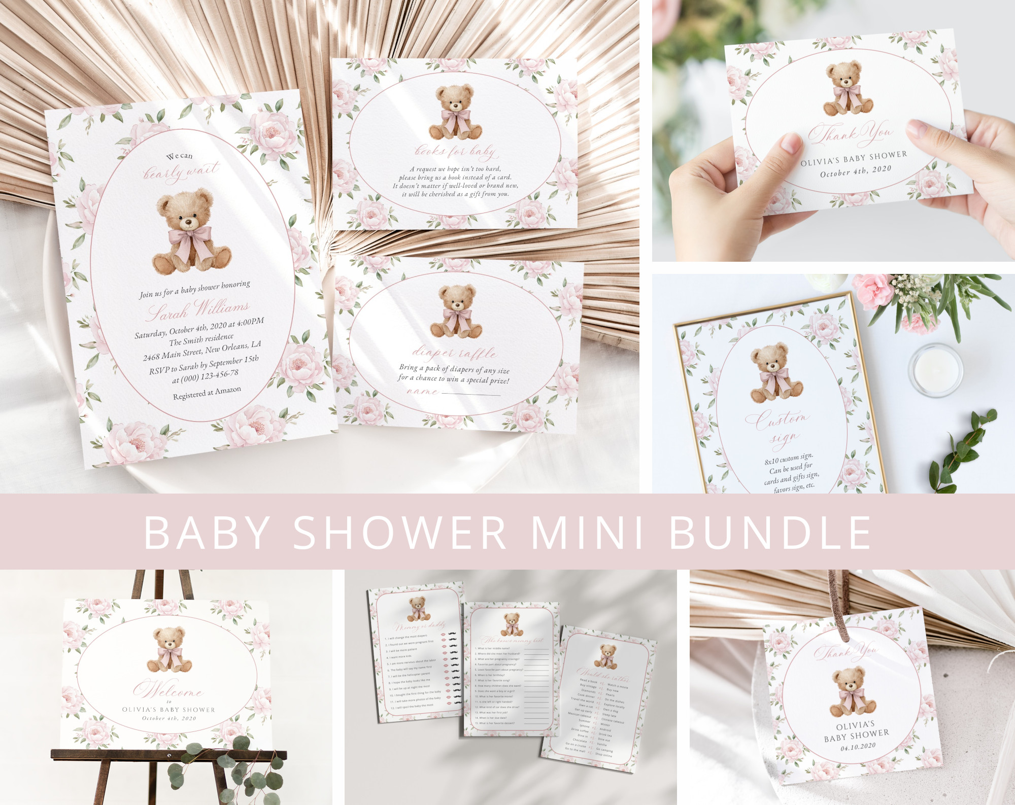 Baby Bear and Pink Flowers Baby Shower Mini Bundle, Girl Baby Shower, Printable File, Edit Yourself, SH235