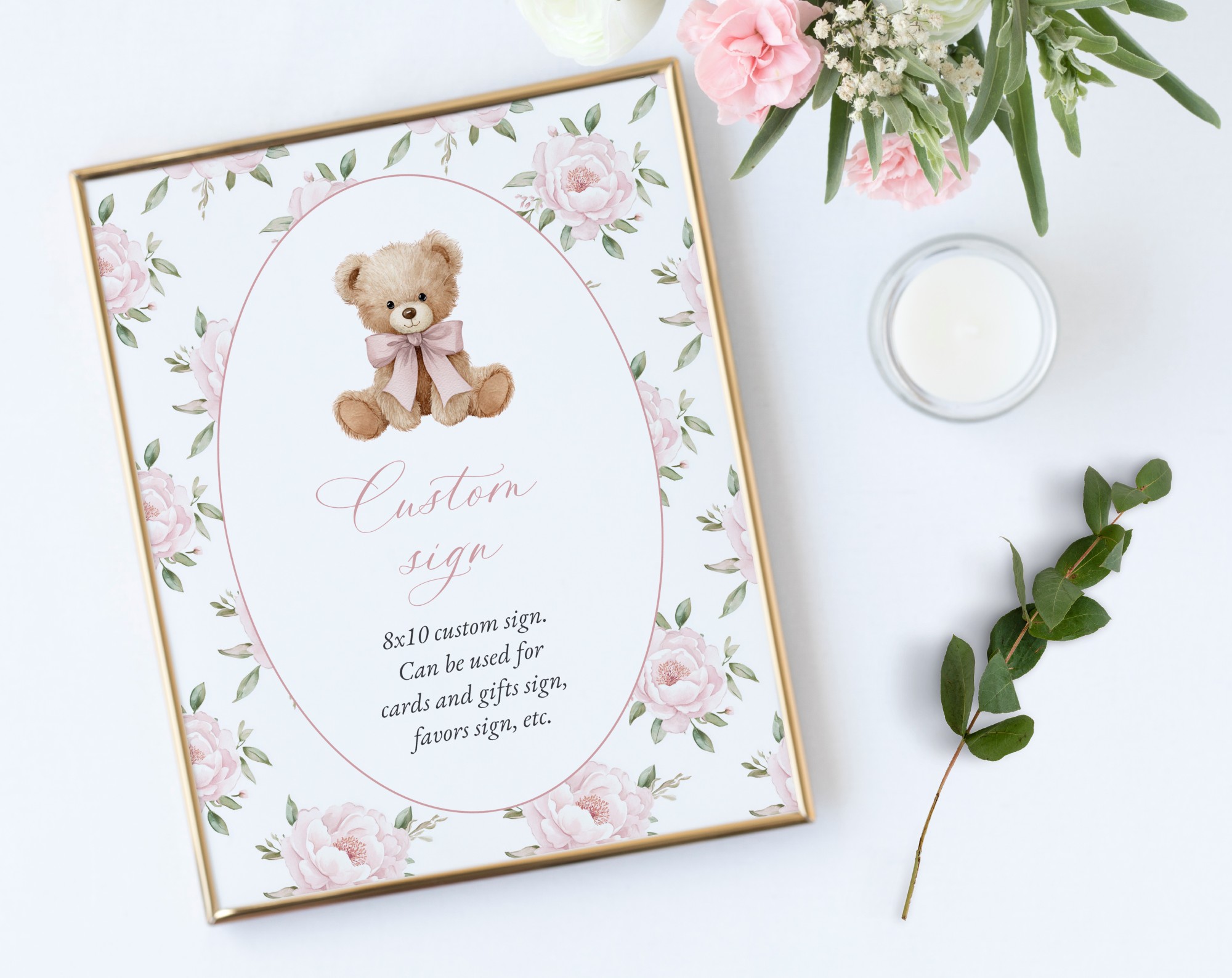 Baby Bear and Pink Flowers Custom Sign, Printable File, Edit Yourself, SH235 SH236