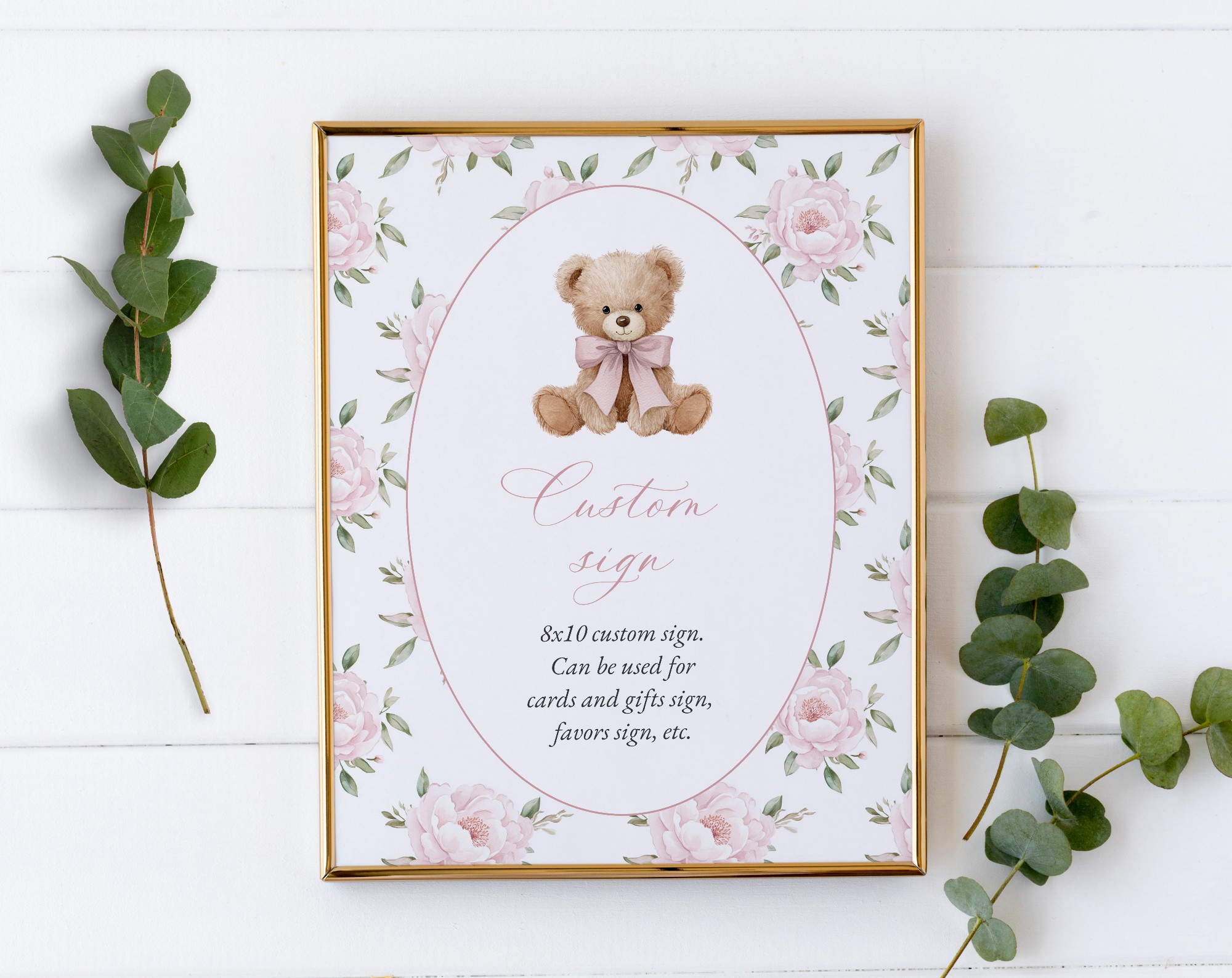 Baby Bear and Pink Flowers Custom Sign, Printable File, Edit Yourself, SH235 SH236 Baby Bear and Pink Flowers Custom Sign, Printable File, Edit Yourself, SH235 SH236