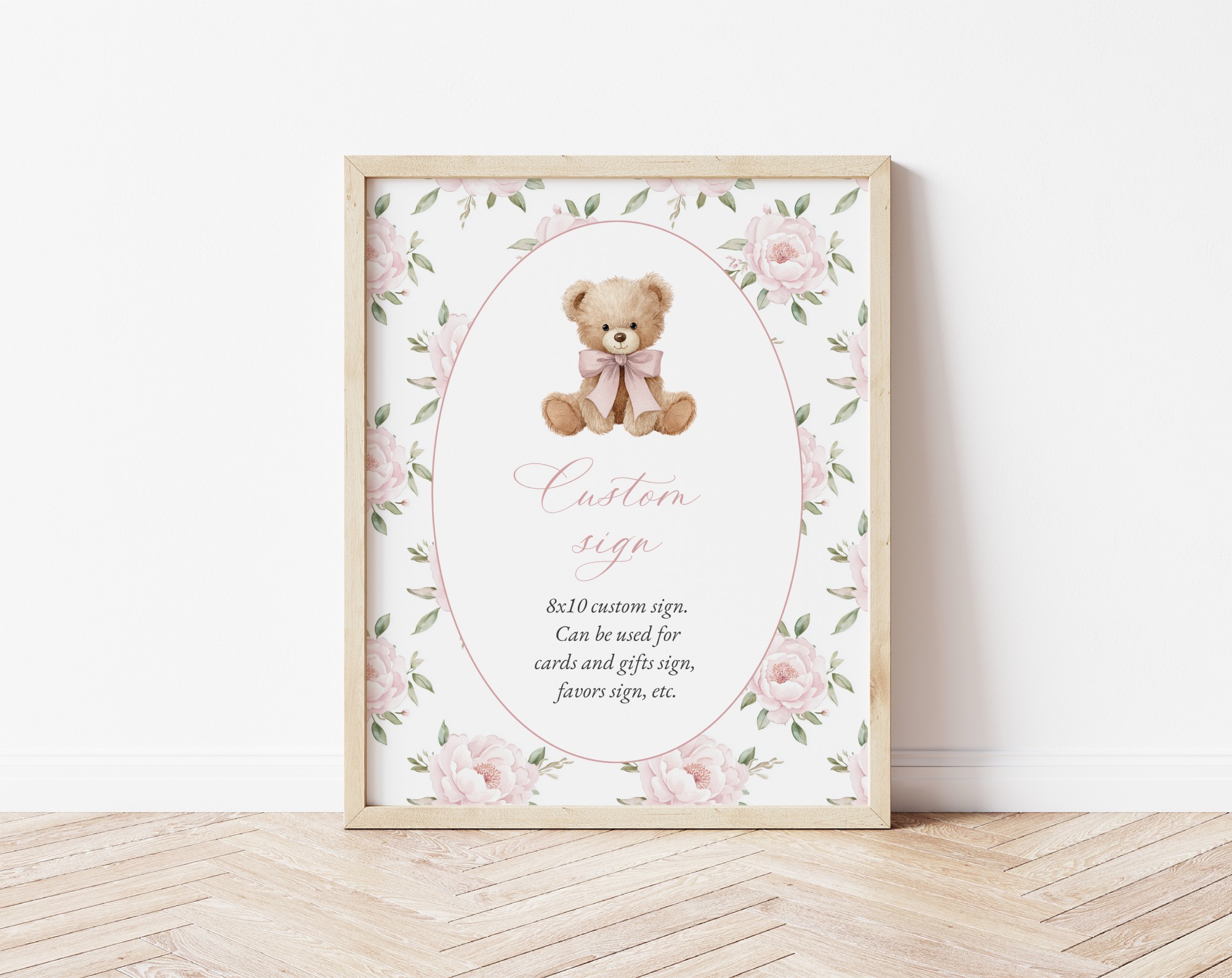 Baby Bear and Pink Flowers Custom Sign, Printable File, Edit Yourself, SH235 SH236 Baby Bear and Pink Flowers Custom Sign, Printable File, Edit Yourself, SH235 SH236