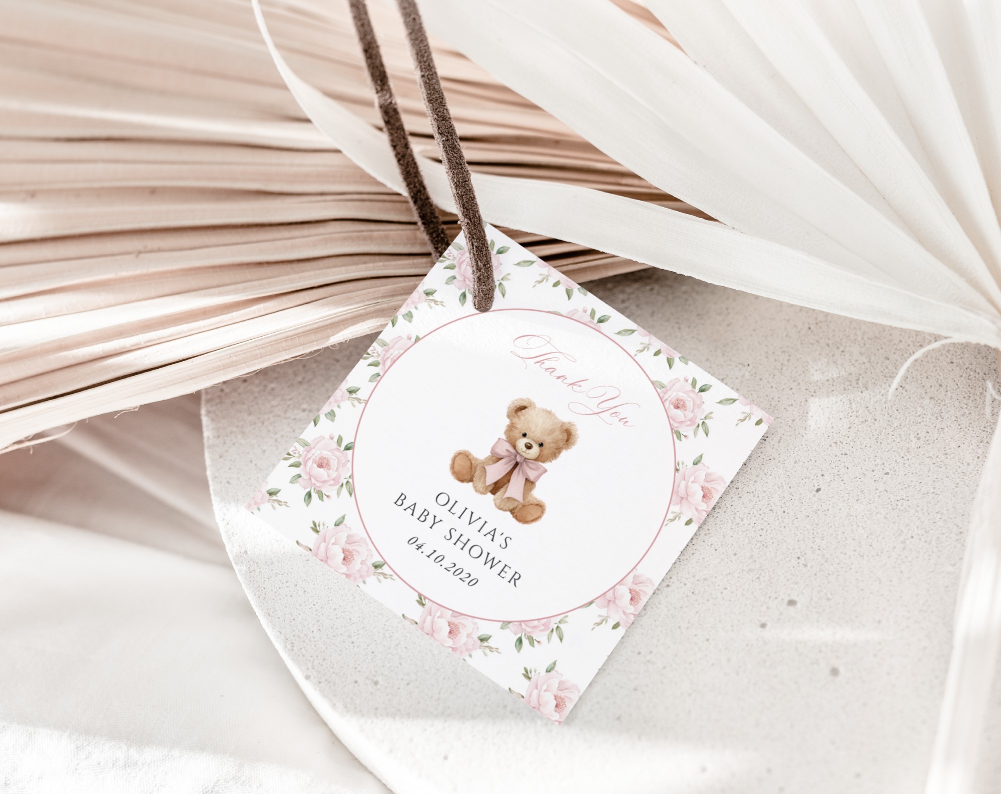 Baby Bear and Pink Flowers Favor Tags, Gift Tags, Girl Baby Shower, Printable File, Edit Yourself, SH235