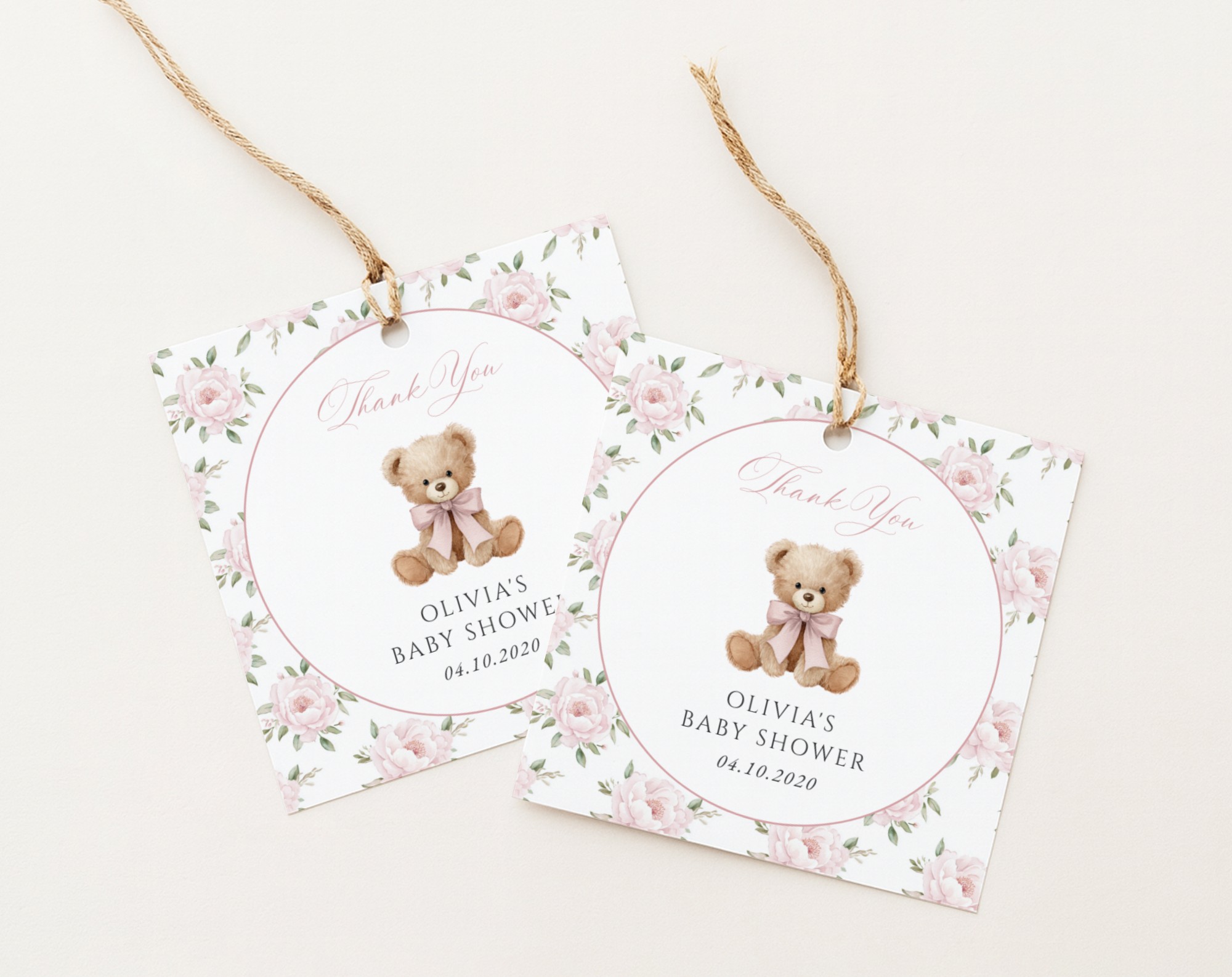 Baby Bear and Pink Flowers Favor Tags, Gift Tags, Girl Baby Shower, Printable File, Edit Yourself, SH235