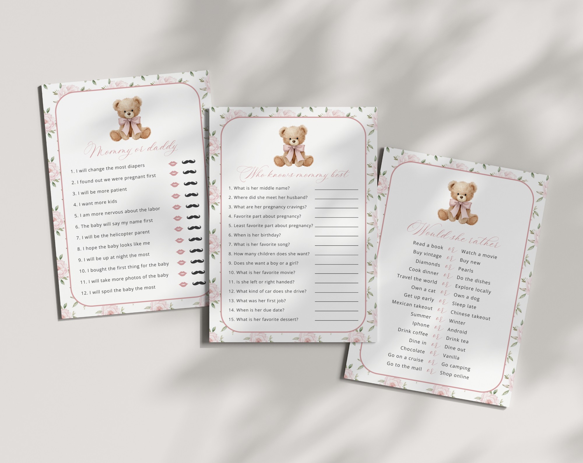 Baby Bear and Pink Flowers Baby Shower Games, Set of 3 Games, Girl Baby Shower, Printable File, Edit Yourself, SH235