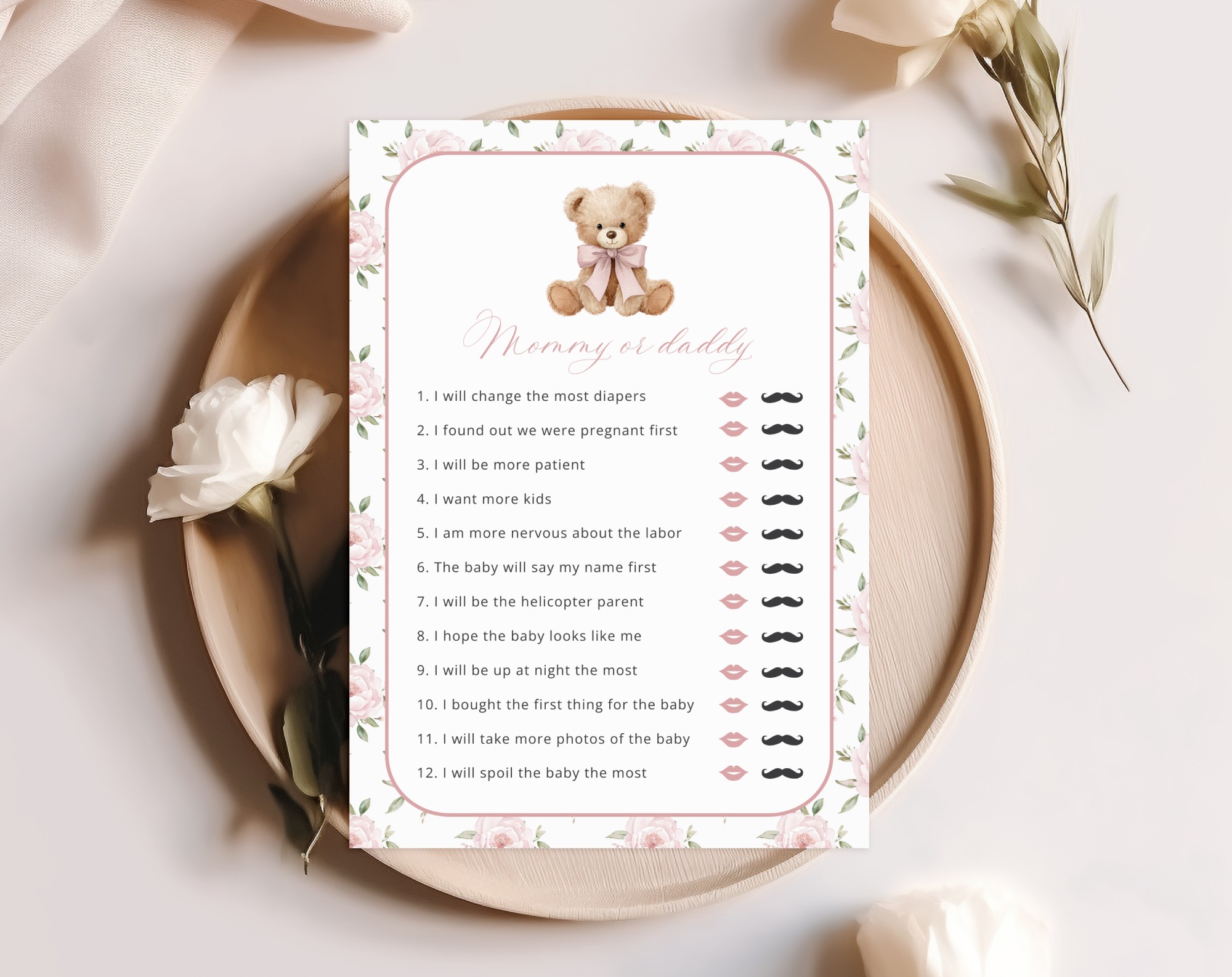 Baby Bear and Pink Flowers Baby Shower Games, Set of 3 Games, Girl Baby Shower, Printable File, Edit Yourself, SH235