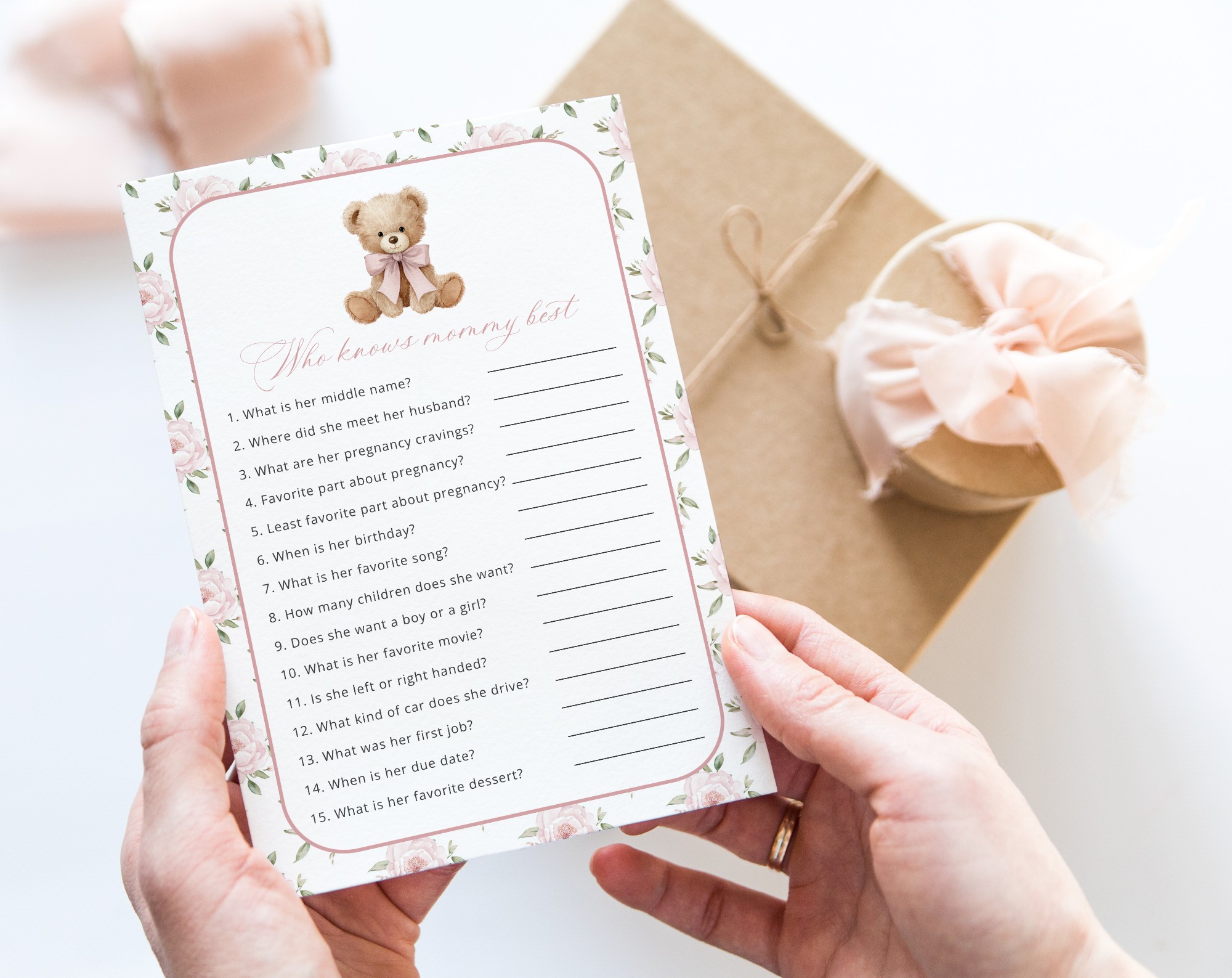 Baby Bear and Pink Flowers Baby Shower Games, Set of 3 Games, Girl Baby Shower, Printable File, Edit Yourself, SH235