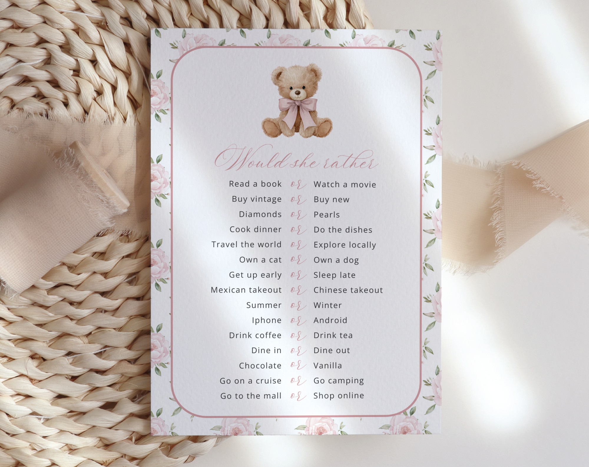 Baby Bear and Pink Flowers Baby Shower Games, Set of 3 Games, Girl Baby Shower, Printable File, Edit Yourself, SH235