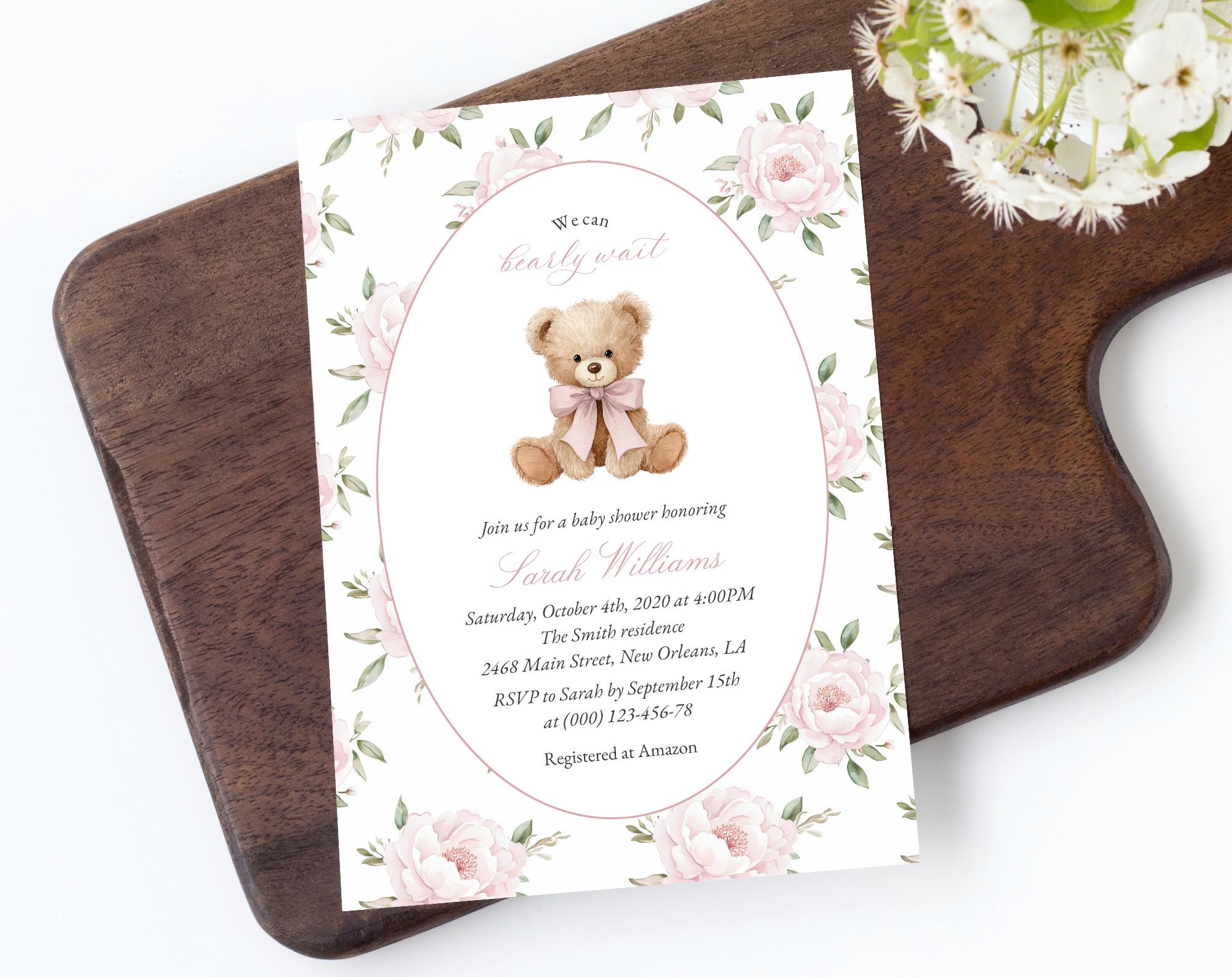 Baby Bear and Pink Flowers Baby Shower Invitation, Girl Baby Shower, Printable File, Edit Yourself, SH235