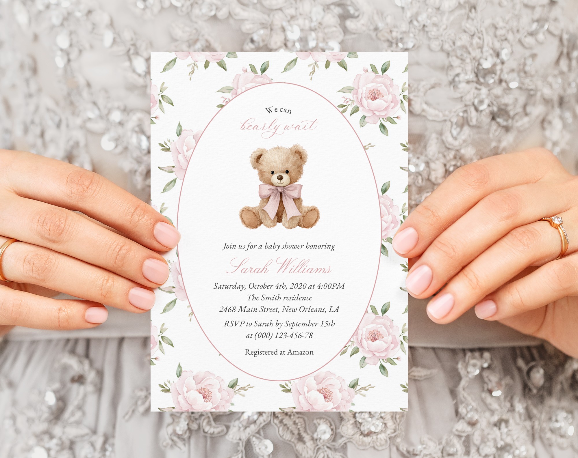Baby Bear and Pink Flowers Baby Shower Invitation, Girl Baby Shower, Printable File, Edit Yourself, SH235