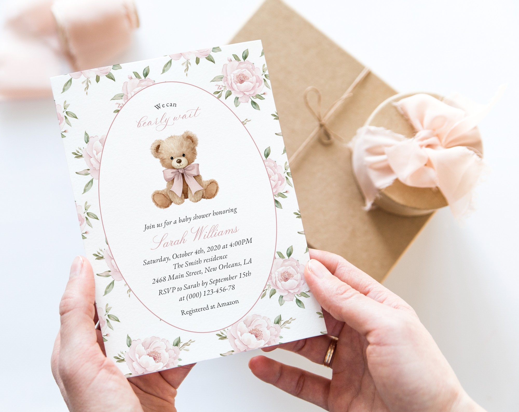 Baby Bear and Pink Flowers Baby Shower Invitation, Girl Baby Shower, Printable File, Edit Yourself, SH235