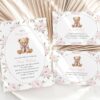 Baby Bear and Pink Flowers Baby Shower Invitation Suite, Girl Baby Shower, Printable File, Edit Yourself, SH235