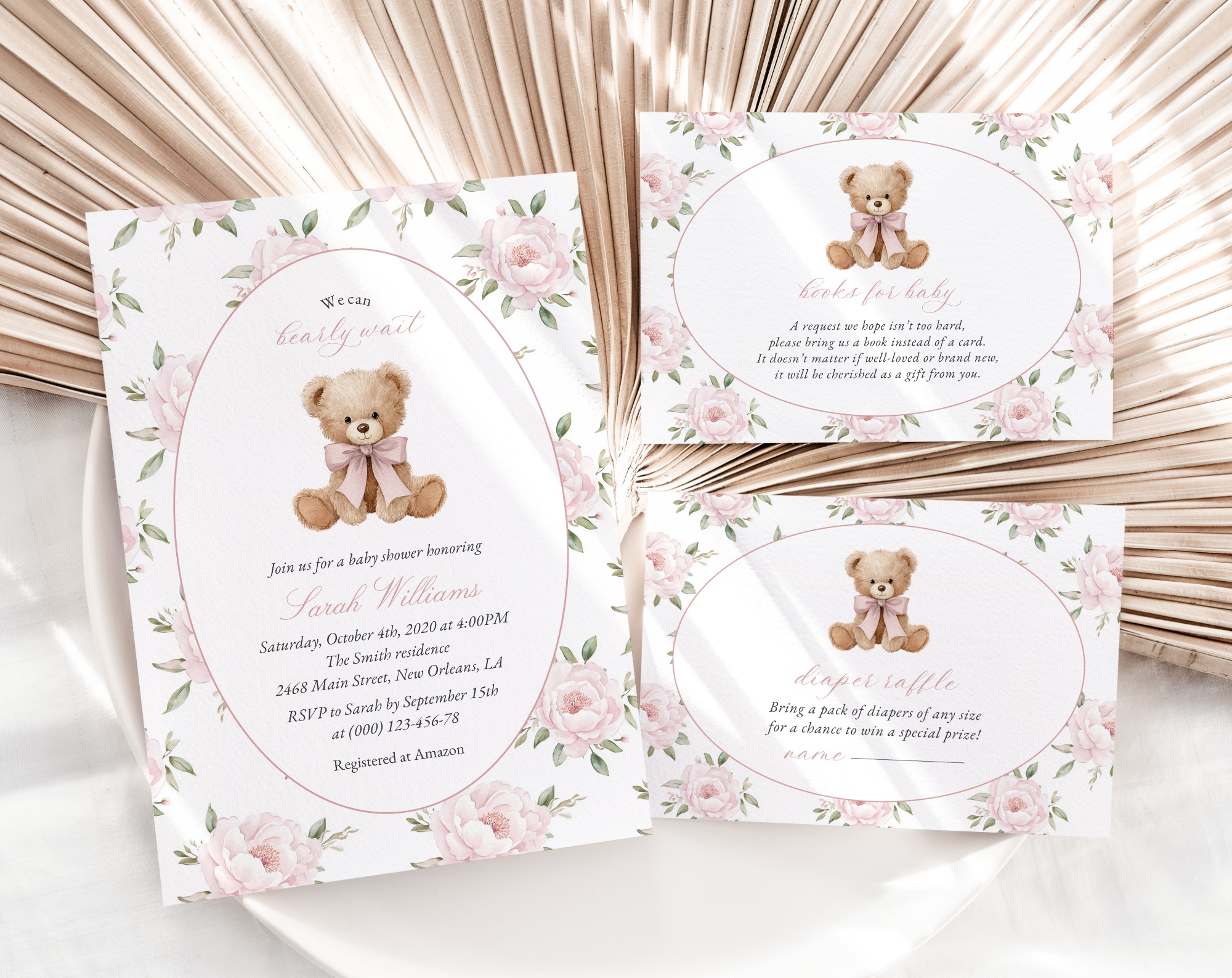 Baby Bear and Pink Flowers Baby Shower Invitation Suite, Girl Baby Shower, Printable File, Edit Yourself, SH235