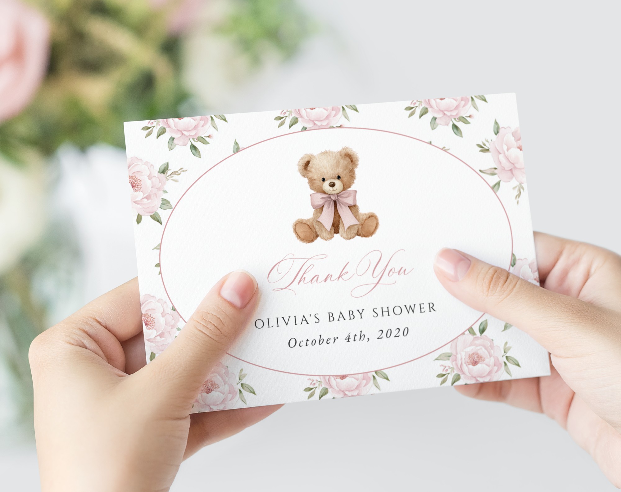 Baby Bear and Pink Flowers Thank You Card, Girl Baby Shower, Printable File, Edit Yourself, SH235