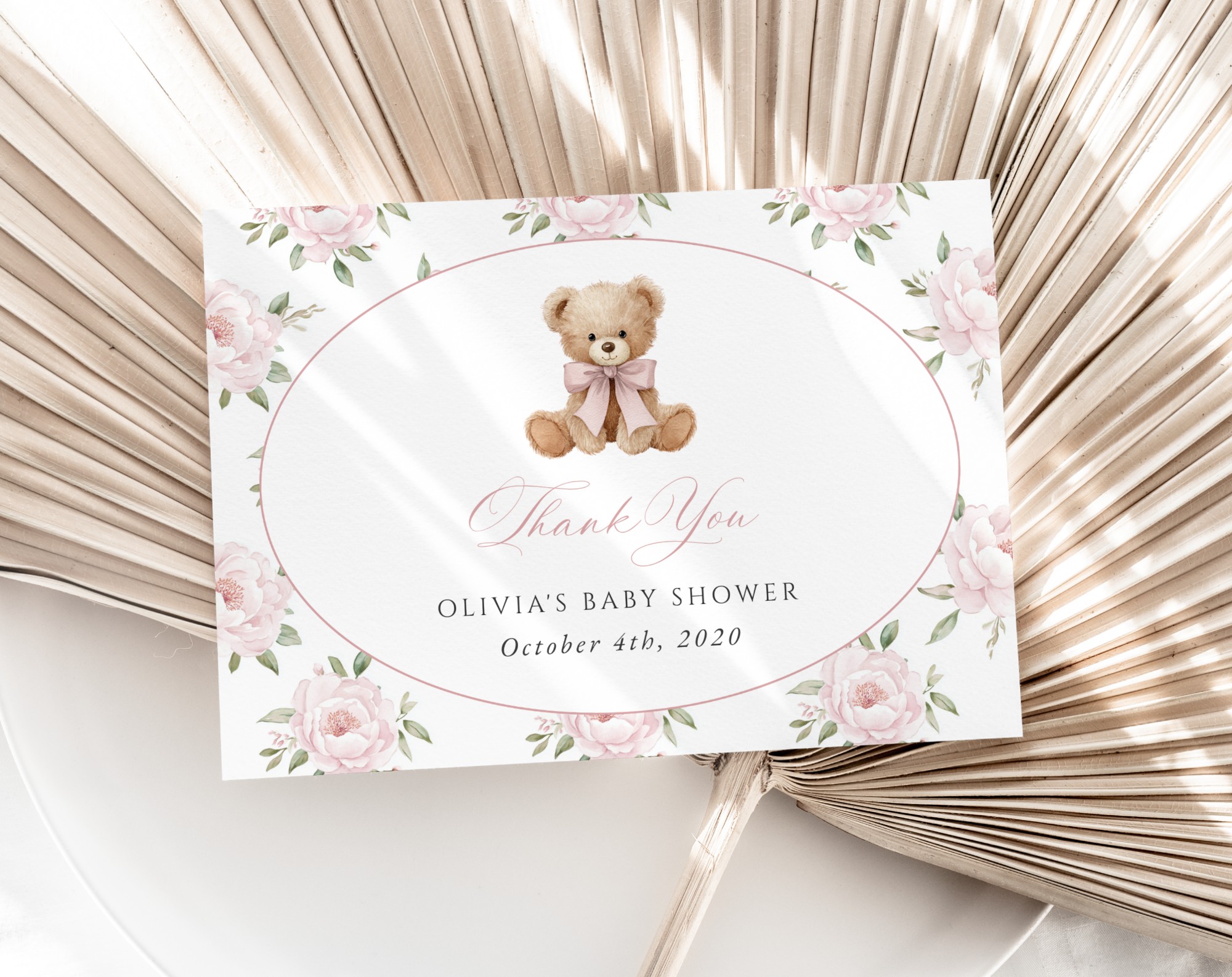 Baby Bear and Pink Flowers Thank You Card, Girl Baby Shower, Printable File, Edit Yourself, SH235