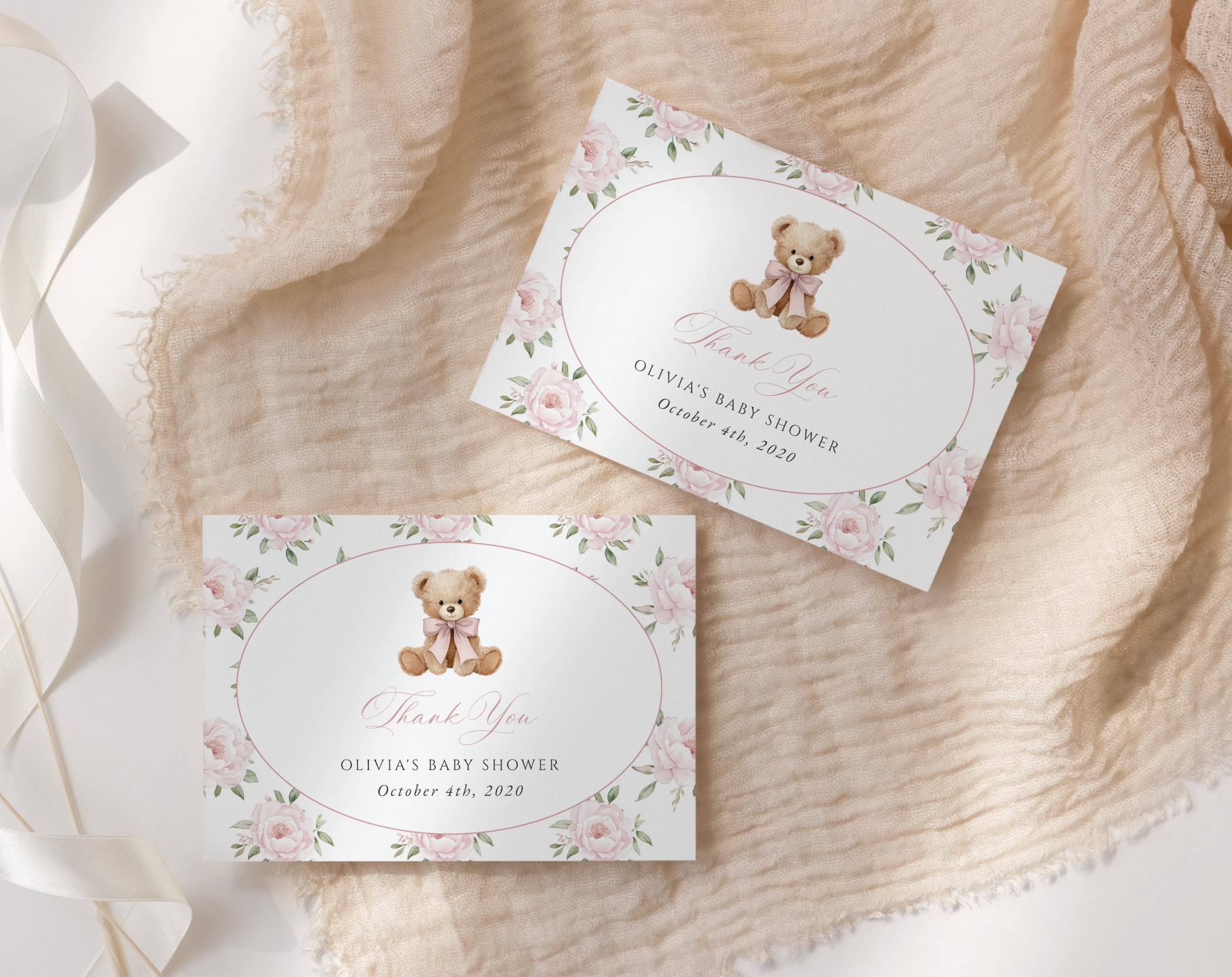 Baby Bear and Pink Flowers Thank You Card, Girl Baby Shower, Printable File, Edit Yourself, SH235