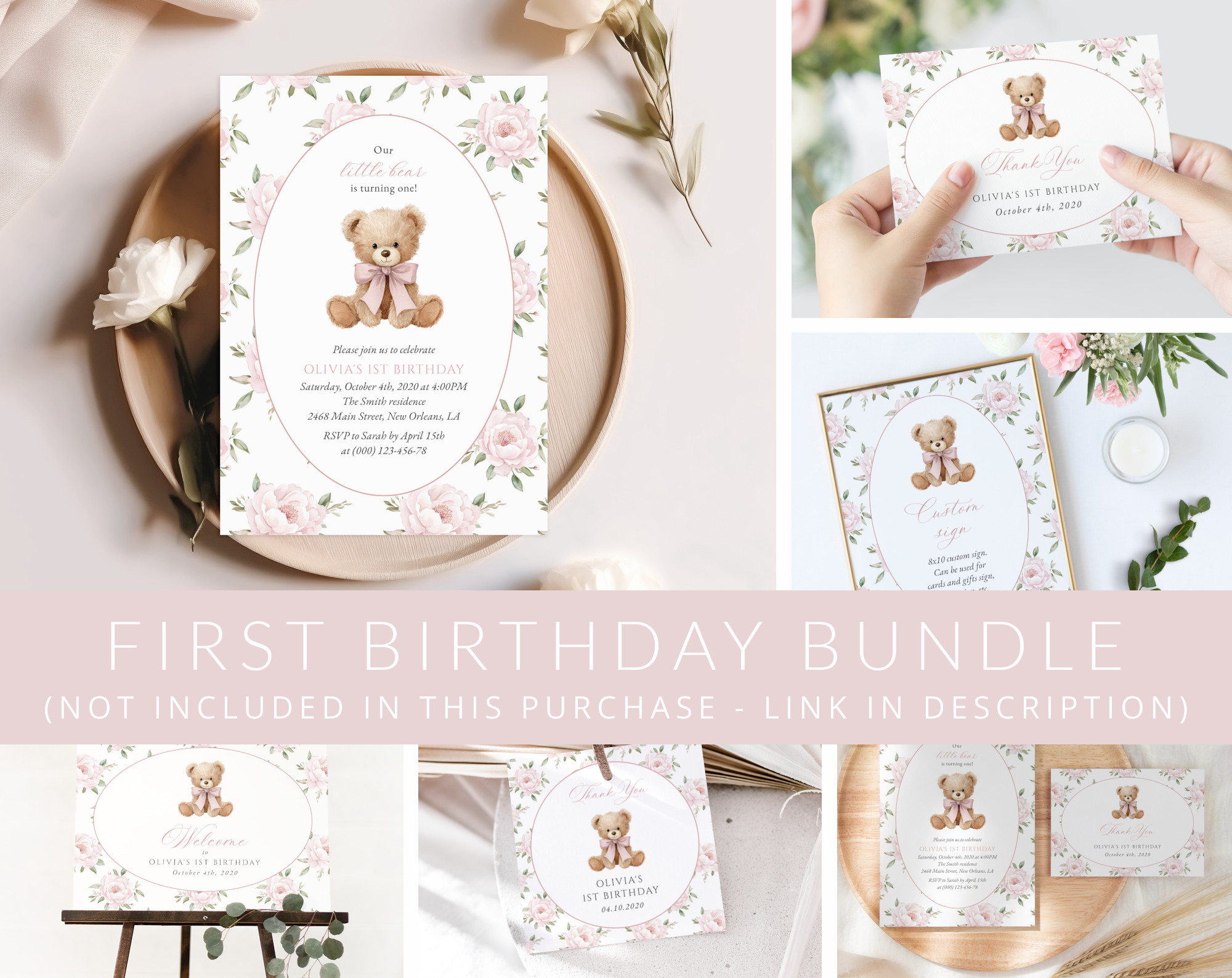 Baby Bear and Pink Flowers First Birthday Mini Bundle, Girl Birthday, Printable File, Edit Yourself, SH236 Baby Bear and Pink Flowers First Birthday Mini Bundle, Girl Birthday, Printable File, Edit Yourself, SH236