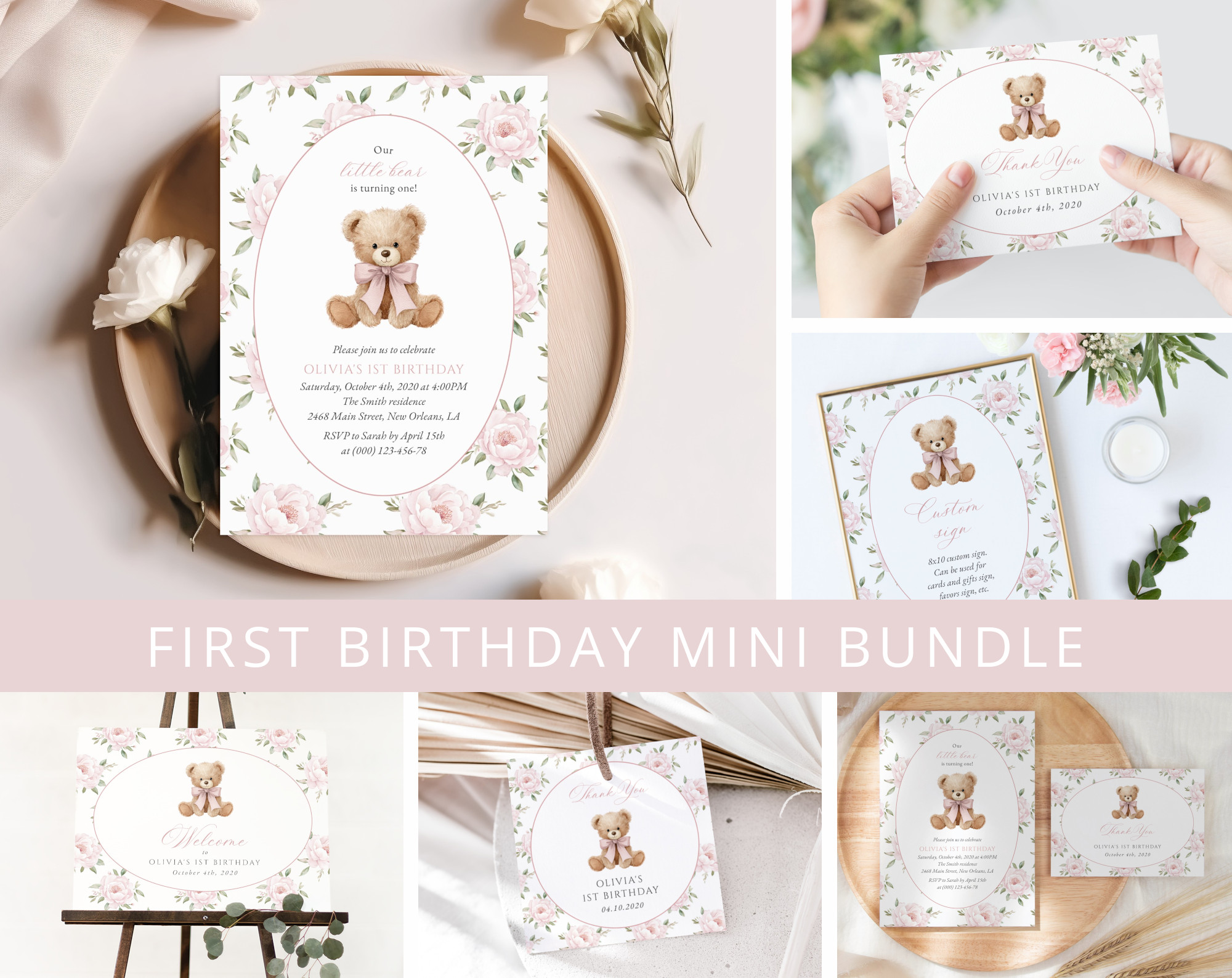 Baby Bear and Pink Flowers First Birthday Mini Bundle, Girl Birthday, Printable File, Edit Yourself, SH236