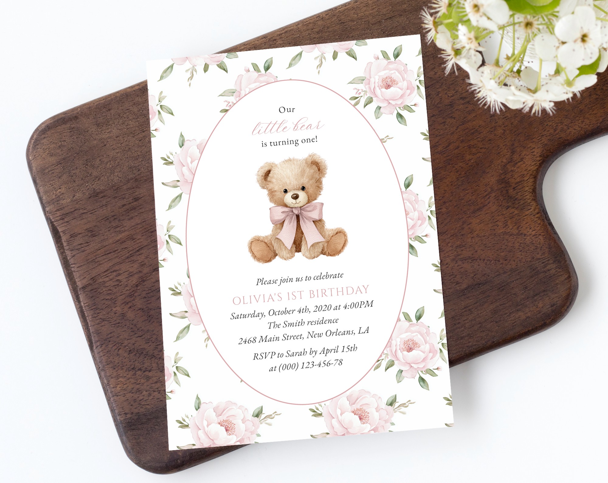 Baby Bear and Pink Flowers First Birthday Invitation, Birthday Stationery, Girl Birthday, Printable File, Edit Yourself, SH236 Baby Bear and Pink Flowers First Birthday Invitation, Birthday Stationery, Girl Birthday, Printable File, Edit Yourself, SH236