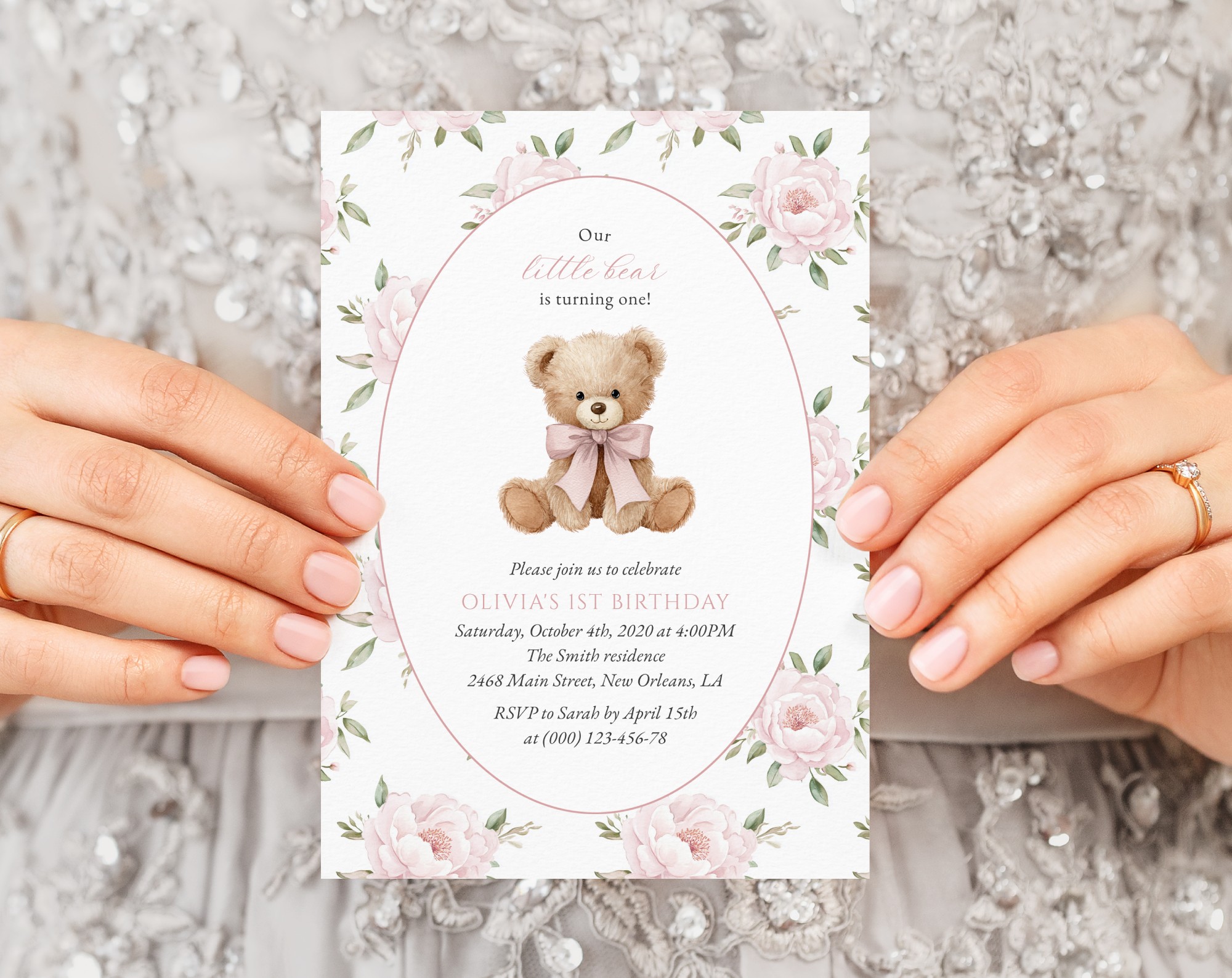 Baby Bear and Pink Flowers First Birthday Invitation, Birthday Stationery, Girl Birthday, Printable File, Edit Yourself, SH236 Baby Bear and Pink Flowers First Birthday Invitation, Birthday Stationery, Girl Birthday, Printable File, Edit Yourself, SH236