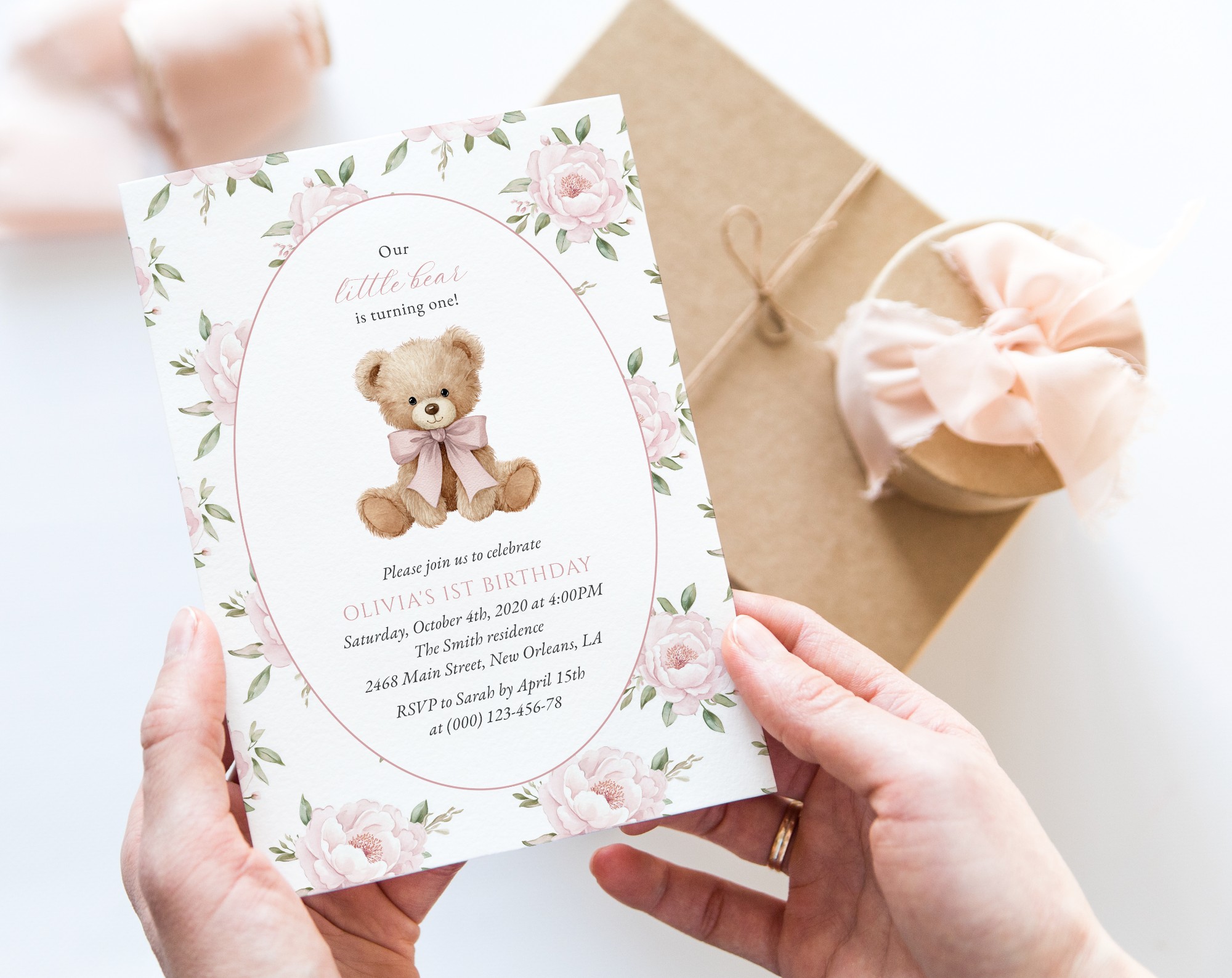 Baby Bear and Pink Flowers First Birthday Invitation, Birthday Stationery, Girl Birthday, Printable File, Edit Yourself, SH236 Baby Bear and Pink Flowers First Birthday Invitation, Birthday Stationery, Girl Birthday, Printable File, Edit Yourself, SH236