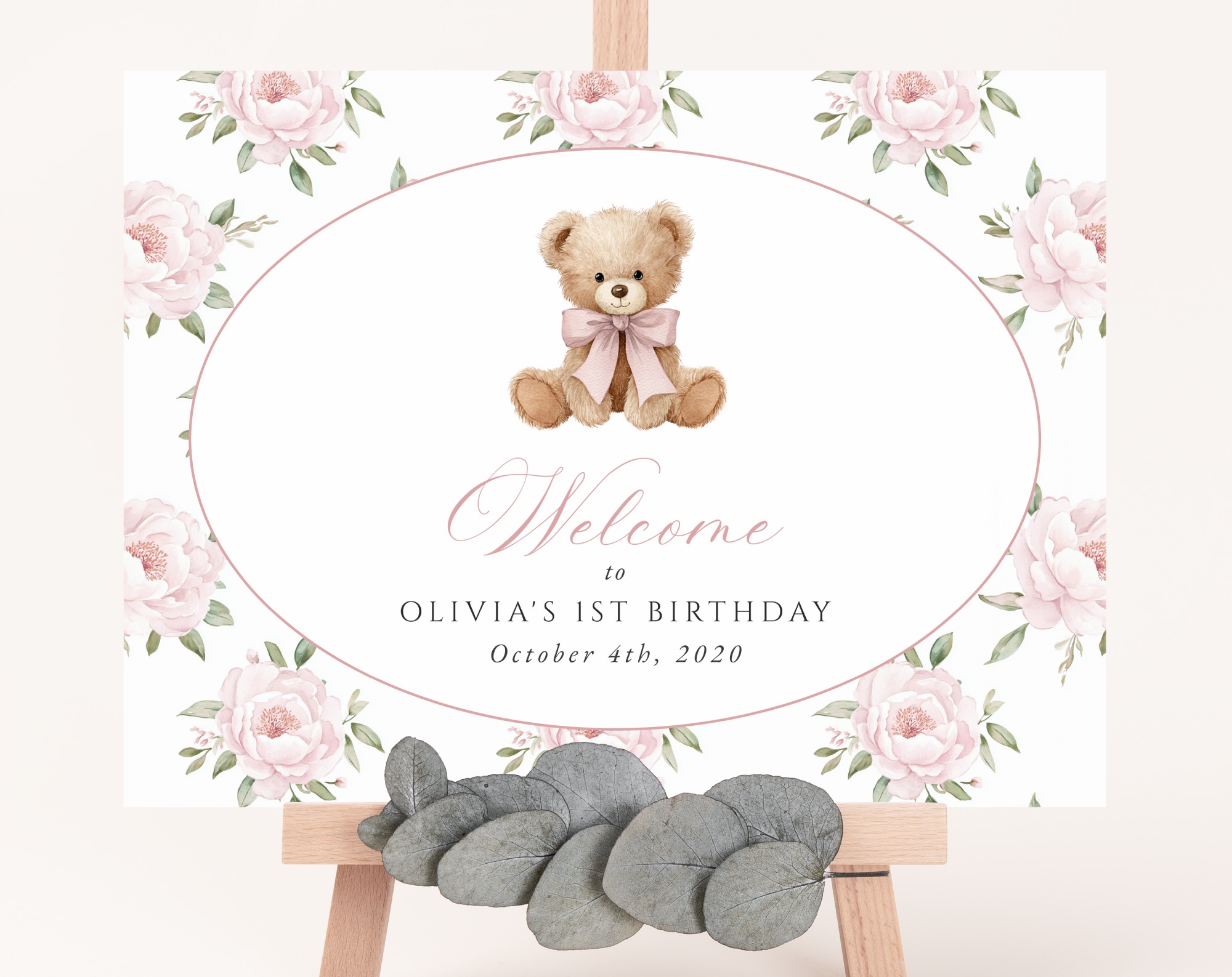 Baby Bear and Pink Flowers Welcome Sign, First Birthday, Girl Birthday, Printable File, Edit Yourself, SH236