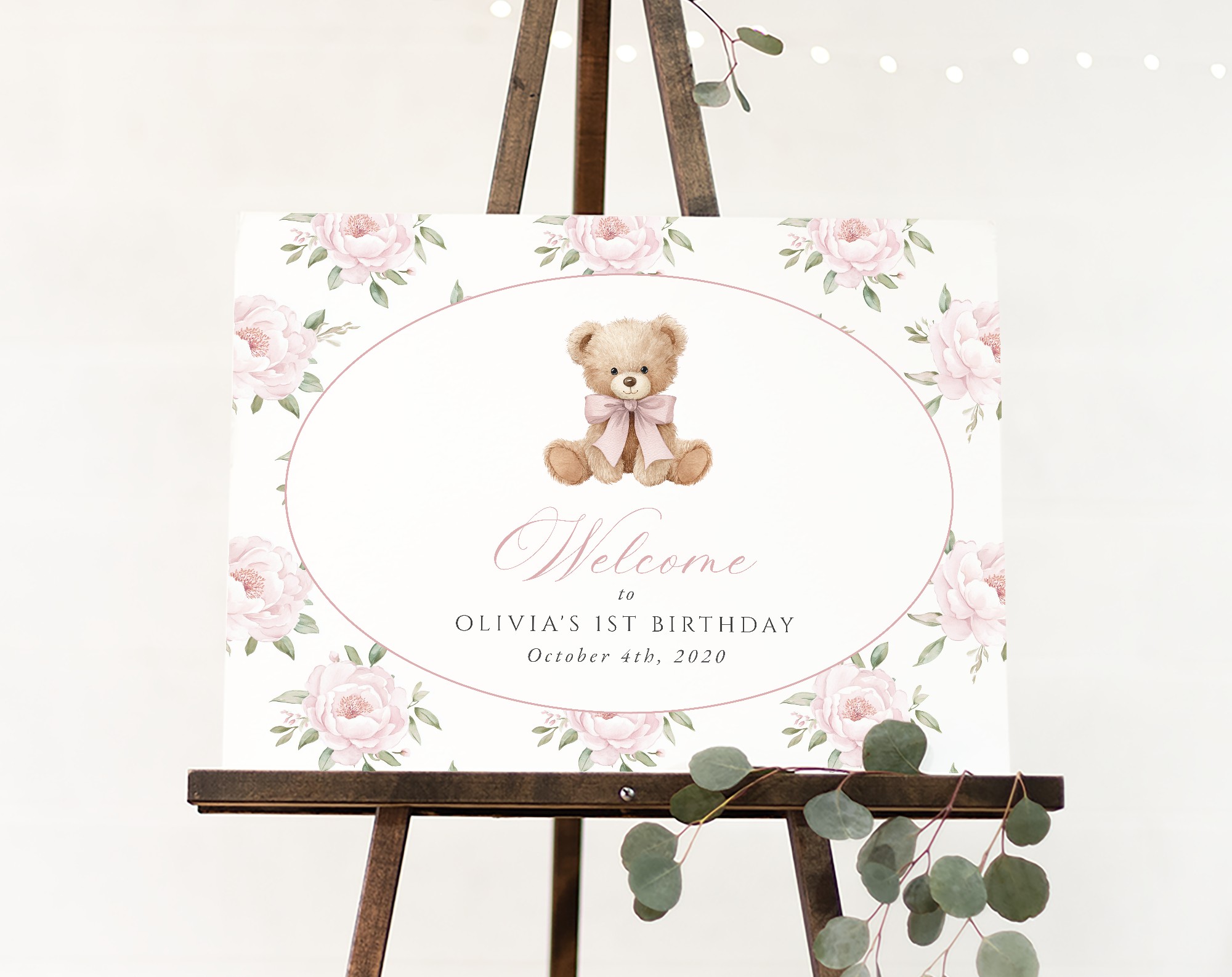 Baby Bear and Pink Flowers Welcome Sign, First Birthday, Girl Birthday, Printable File, Edit Yourself, SH236