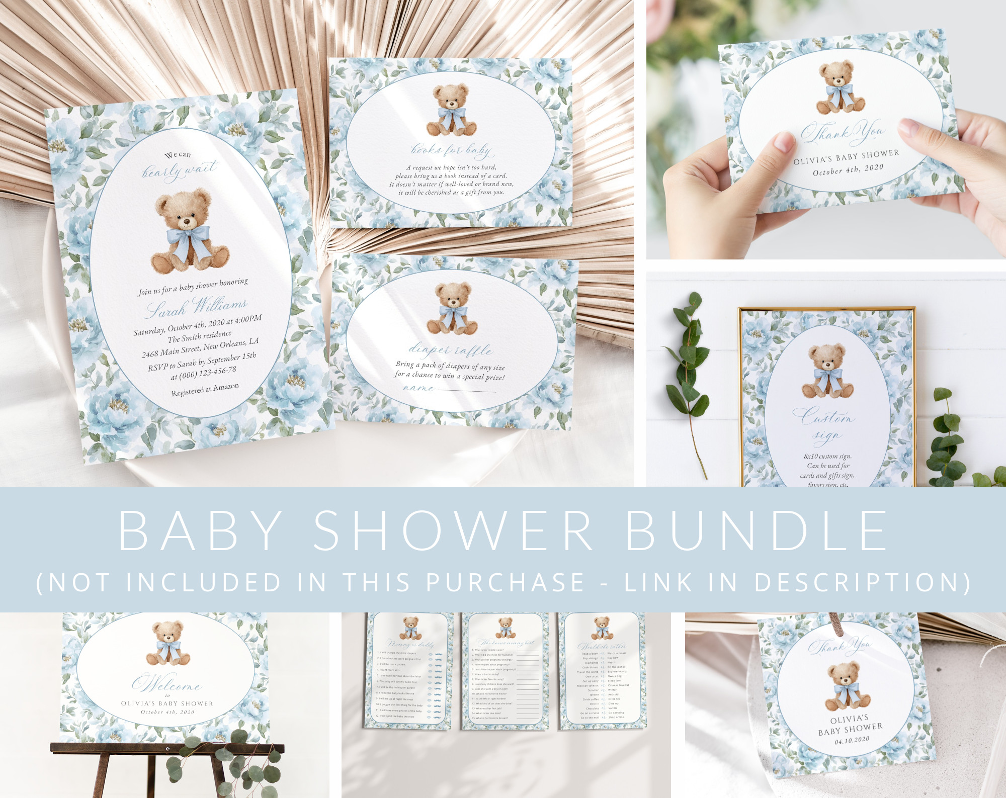 Teddy Bear and Blue Flowers Baby Shower Mini Bundle, Boy Baby Shower, Printable File, Edit Yourself, SH237