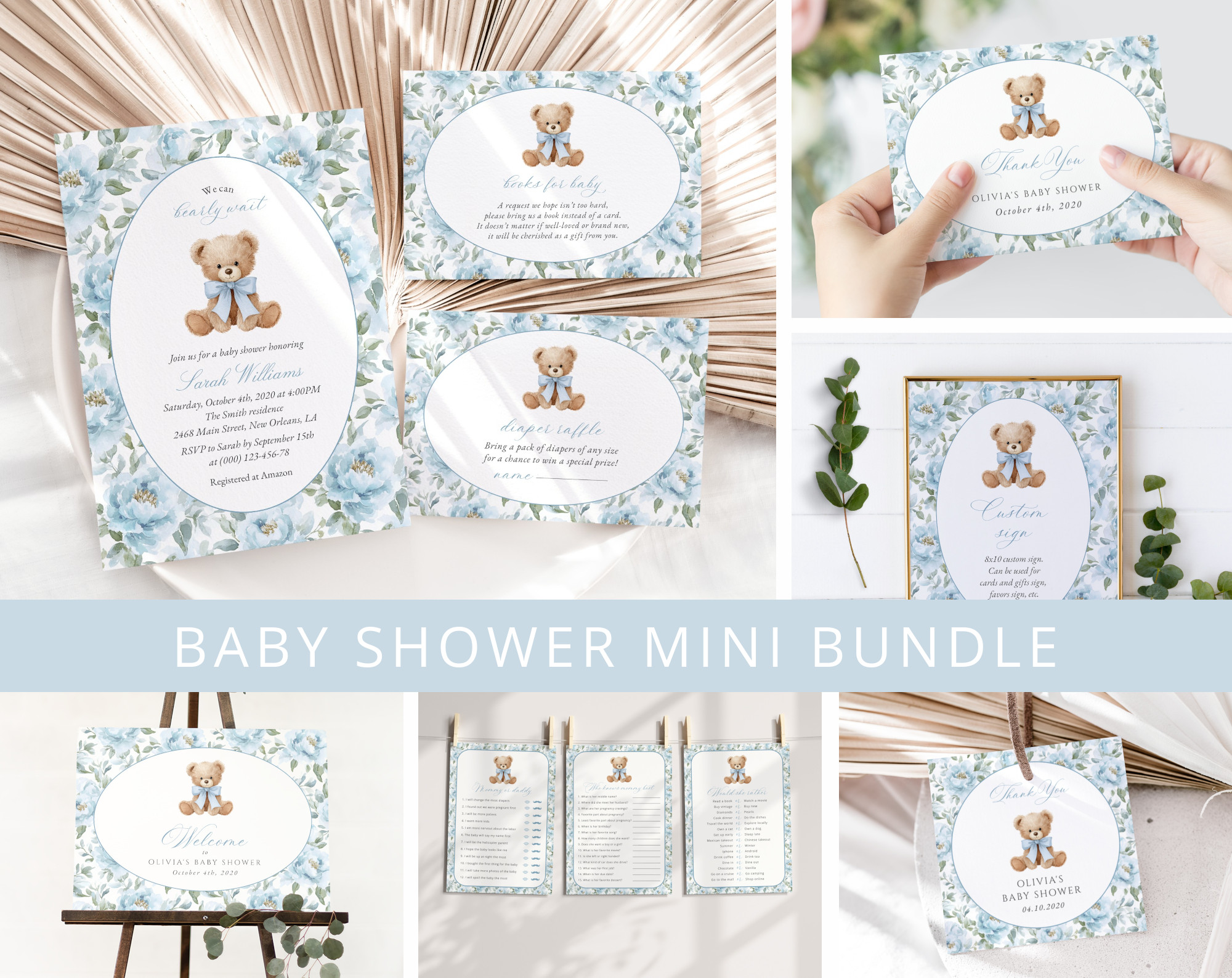 Teddy Bear and Blue Flowers Baby Shower Mini Bundle, Boy Baby Shower, Printable File, Edit Yourself, SH237