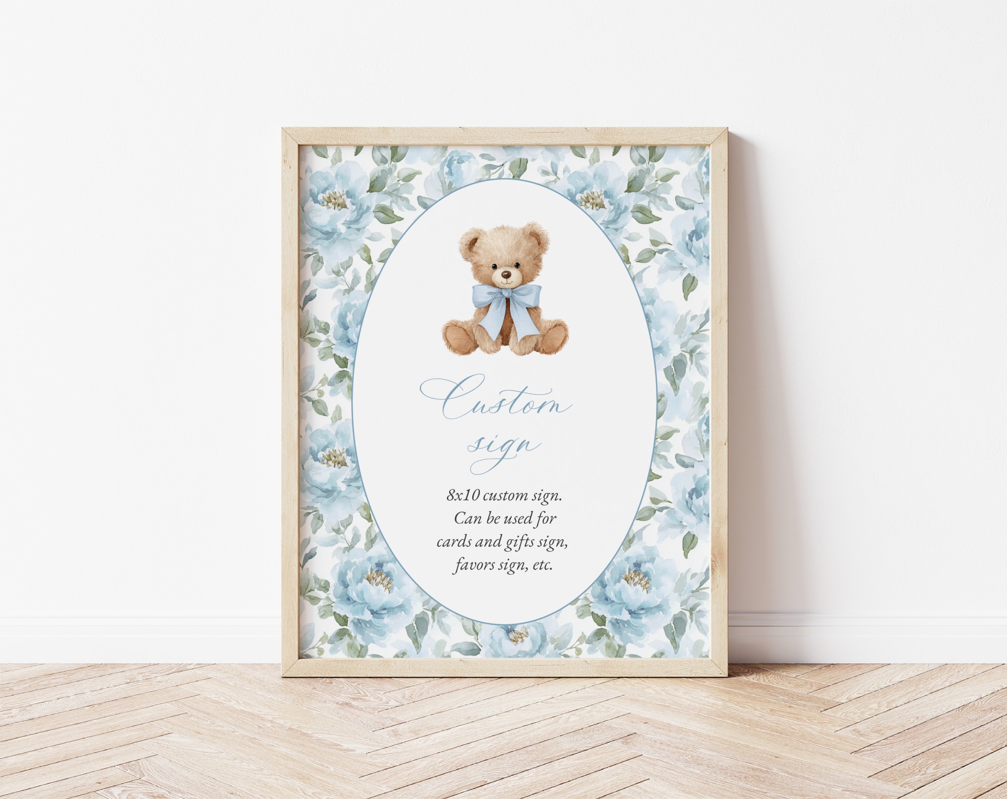 Teddy Bear and Blue Flowers Custom Sign, Printable File, Edit Yourself, SH237 SH238