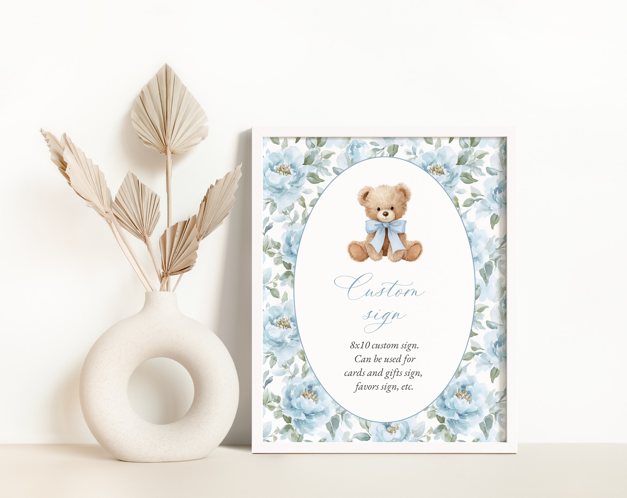 Teddy Bear and Blue Flowers Custom Sign, Printable File, Edit Yourself, SH237 SH238