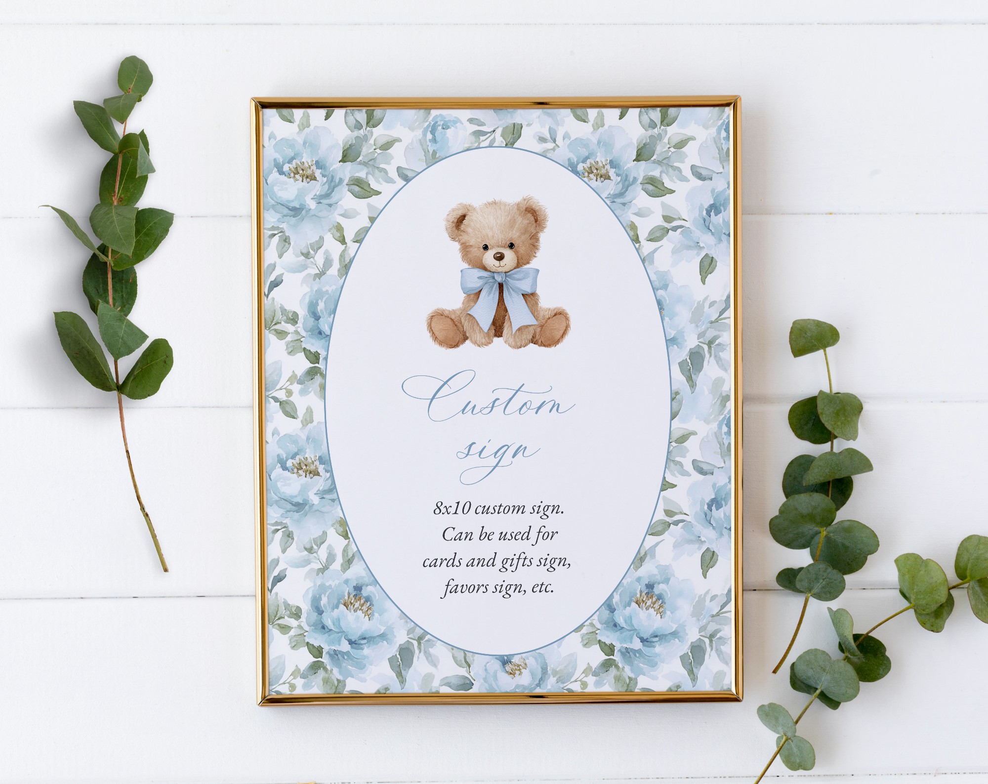 Teddy Bear and Blue Flowers Custom Sign, Printable File, Edit Yourself, SH237 SH238
