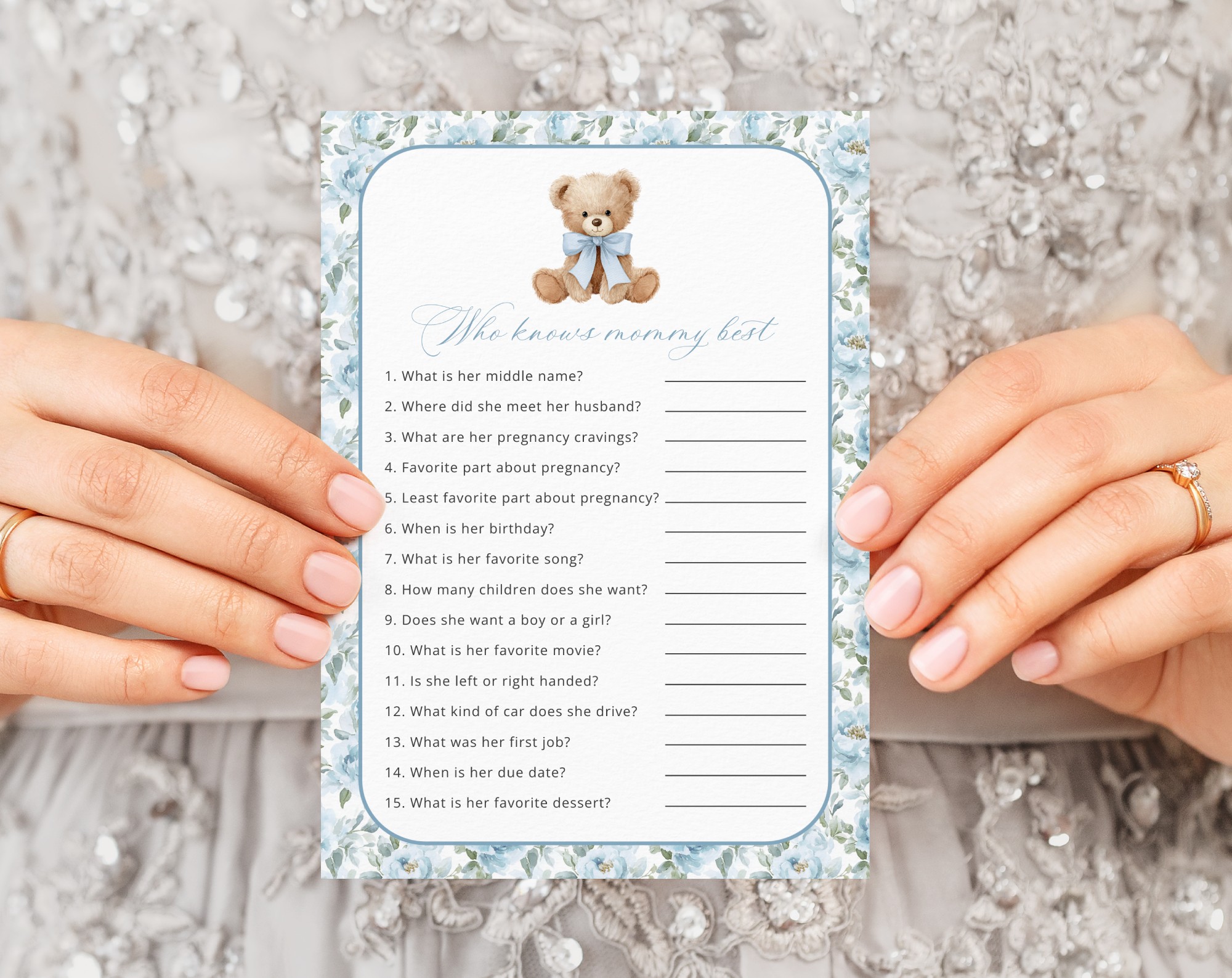 Teddy Bear and Blue Flowers Baby Shower Games, Set of 3 Games, Boy Baby Shower, Printable File, Edit Yourself, SH237