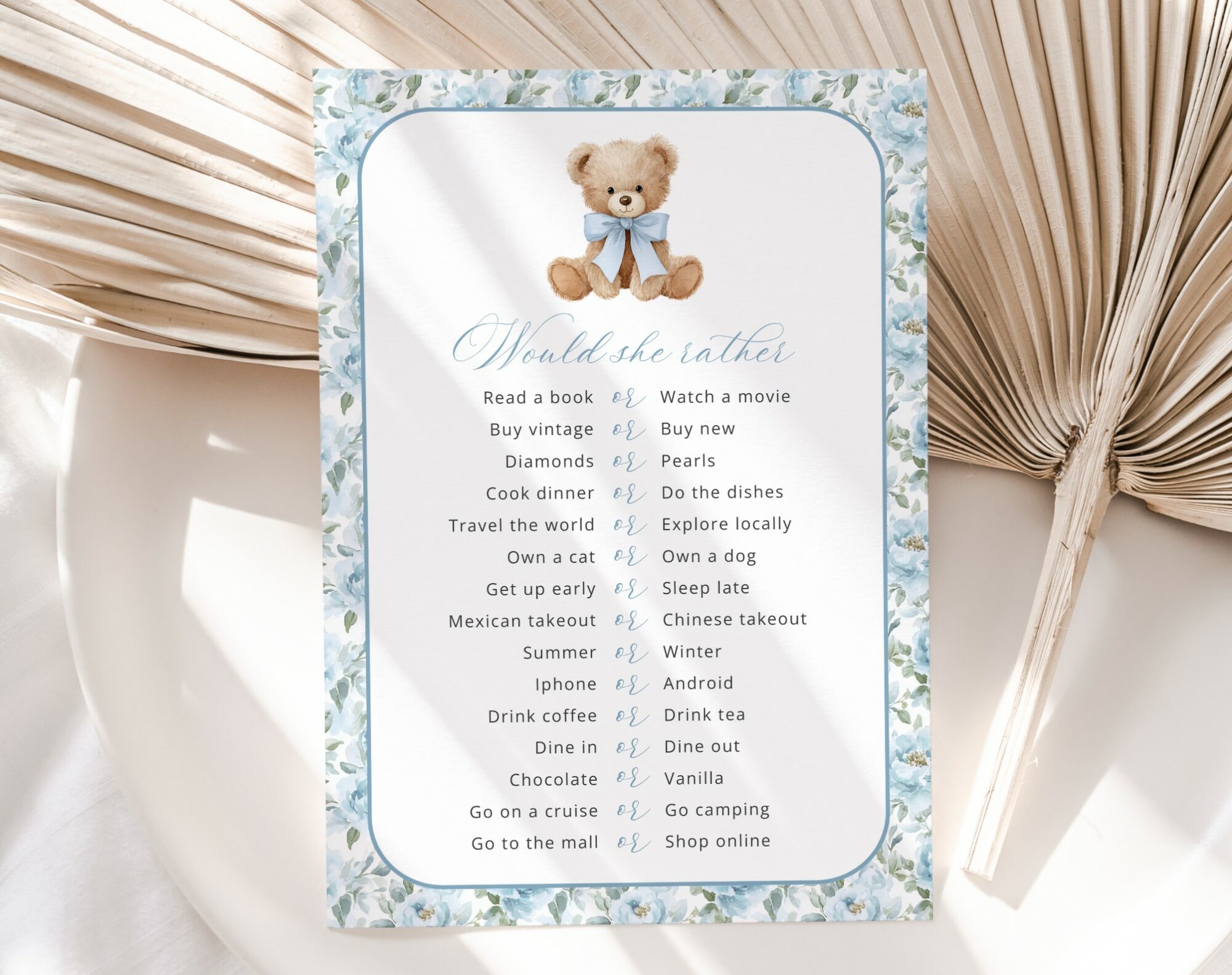 Teddy Bear and Blue Flowers Baby Shower Games, Set of 3 Games, Boy Baby Shower, Printable File, Edit Yourself, SH237