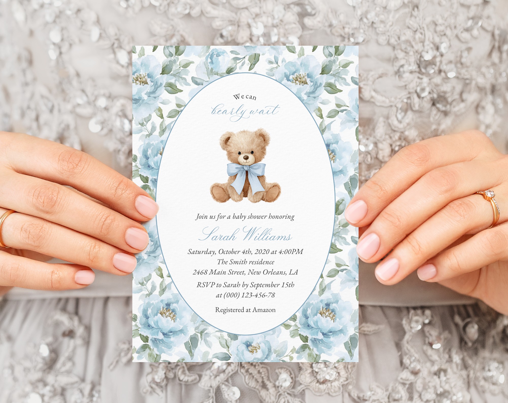 Teddy Bear and Blue Flowers Baby Shower Invitation, Boy Baby Shower, Printable File, Edit Yourself, SH237