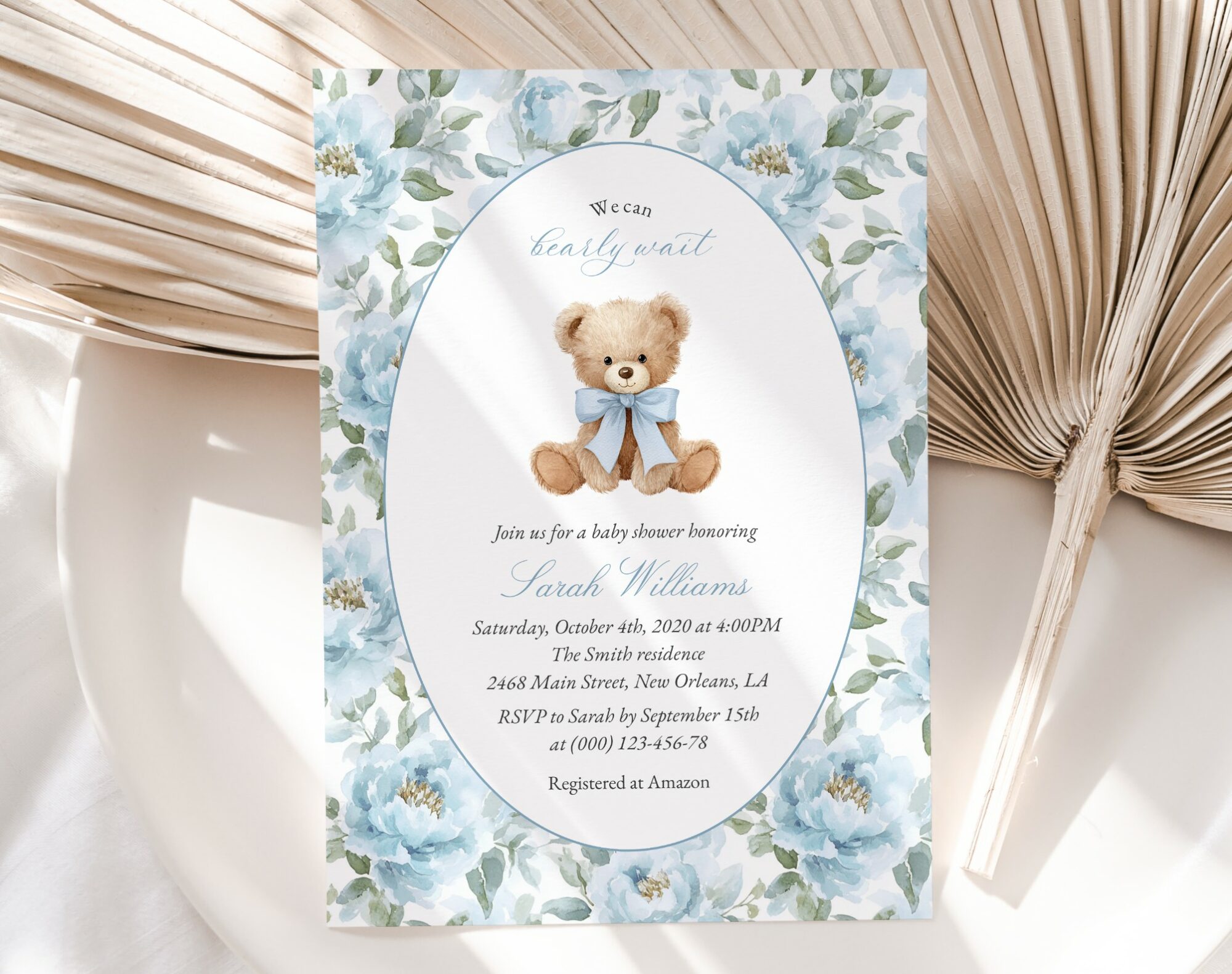 Teddy Bear and Blue Flowers Baby Shower Invitation, Boy Baby Shower, Printable File, Edit Yourself, SH237