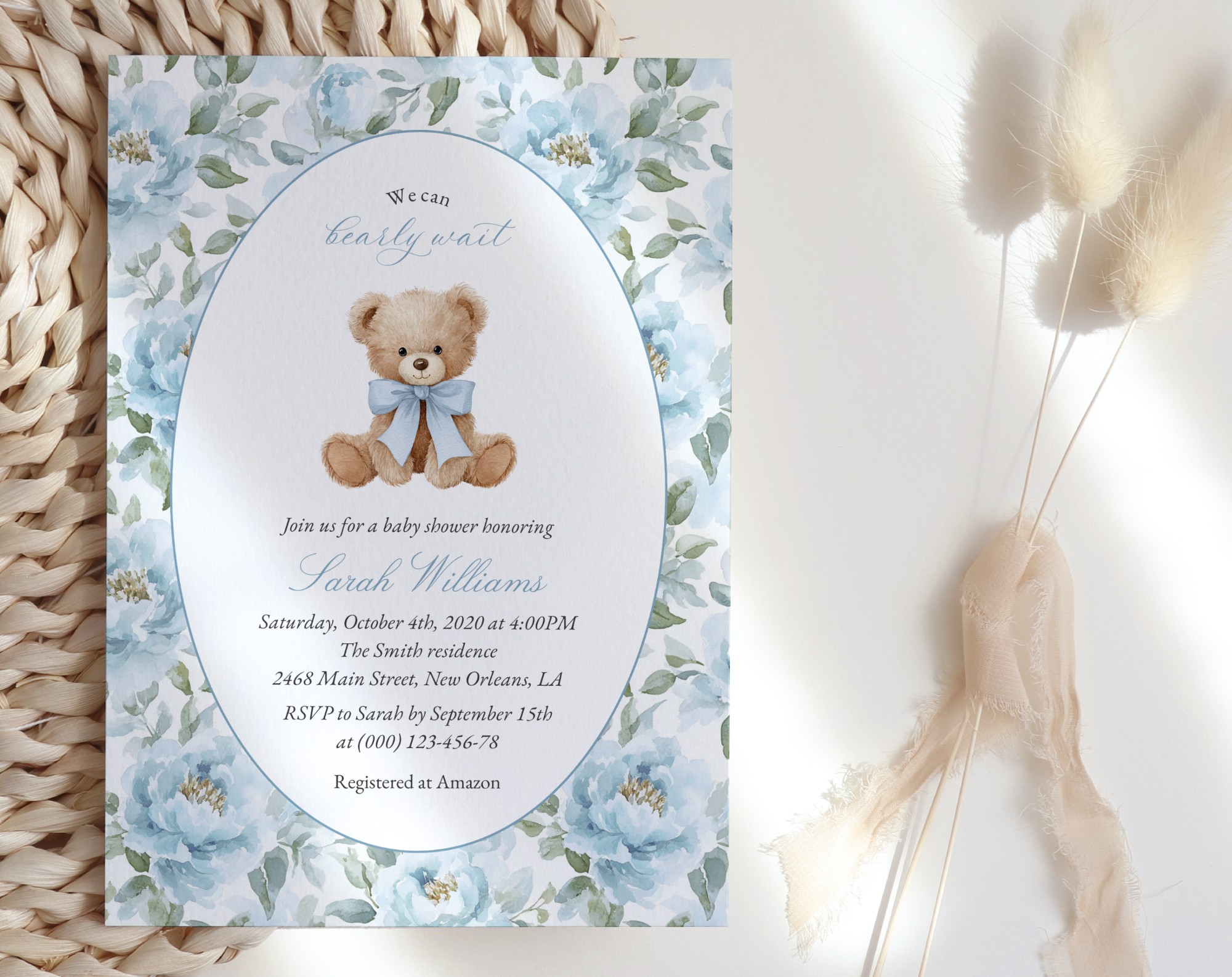 Teddy Bear and Blue Flowers Baby Shower Invitation, Boy Baby Shower, Printable File, Edit Yourself, SH237