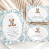 Teddy Bear and Blue Flowers Baby Shower Invitation Suite, Boy Baby Shower, Printable File, Edit Yourself, SH237