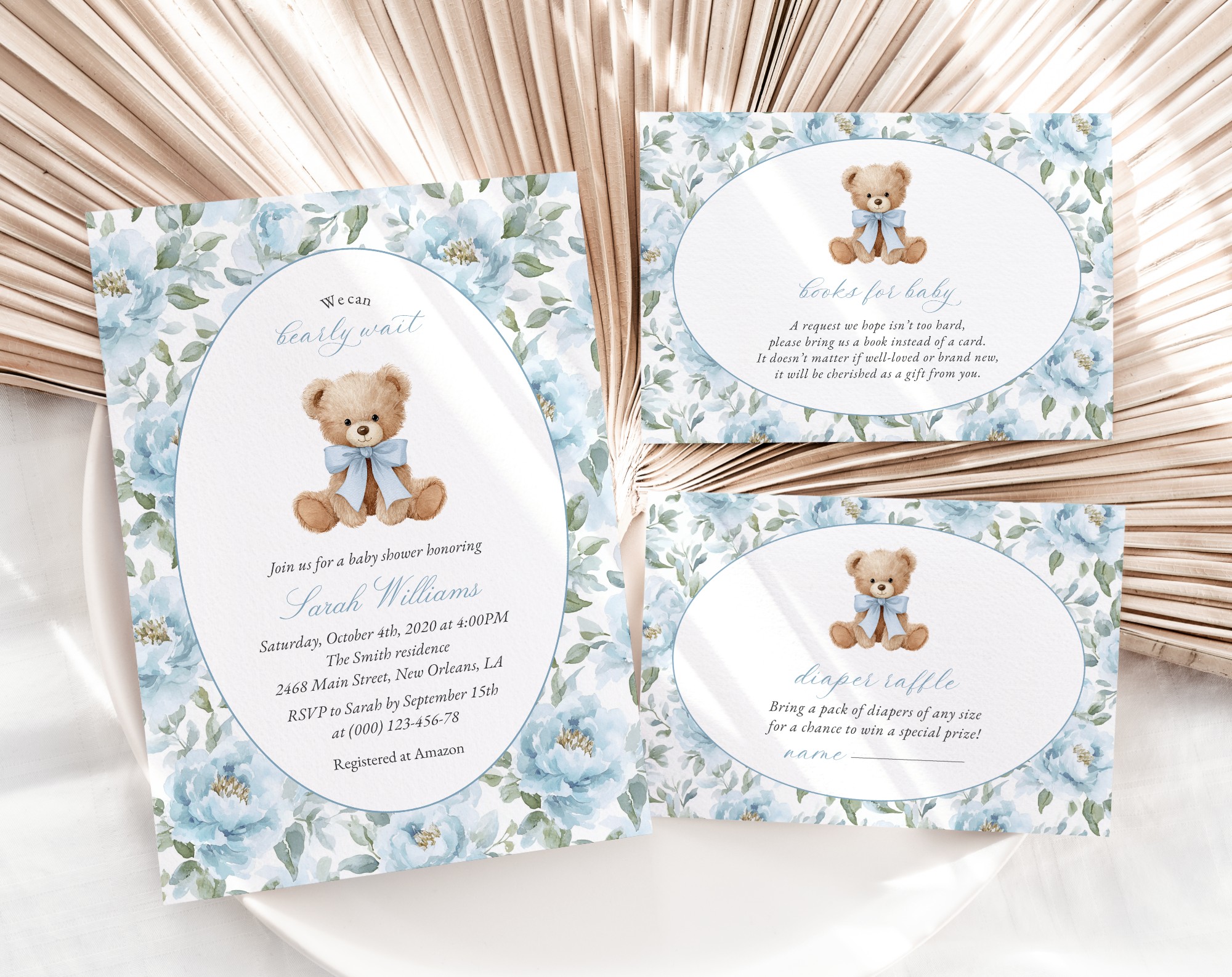 Teddy Bear and Blue Flowers Baby Shower Invitation Suite, Boy Baby Shower, Printable File, Edit Yourself, SH237