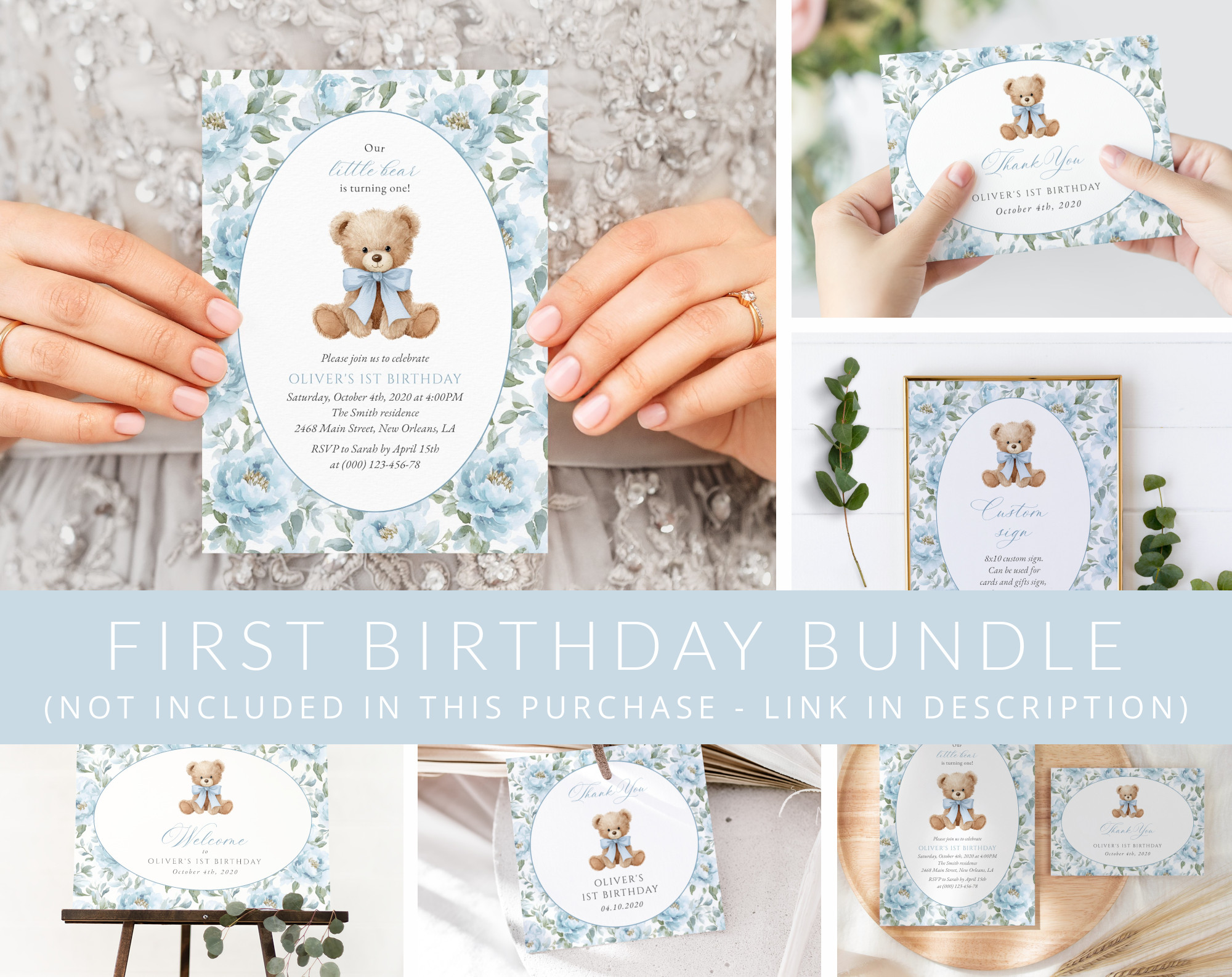 Teddy Bear and Blue Flowers First Birthday Mini Bundle, Boy Birthday, Printable File, Edit Yourself, SH238