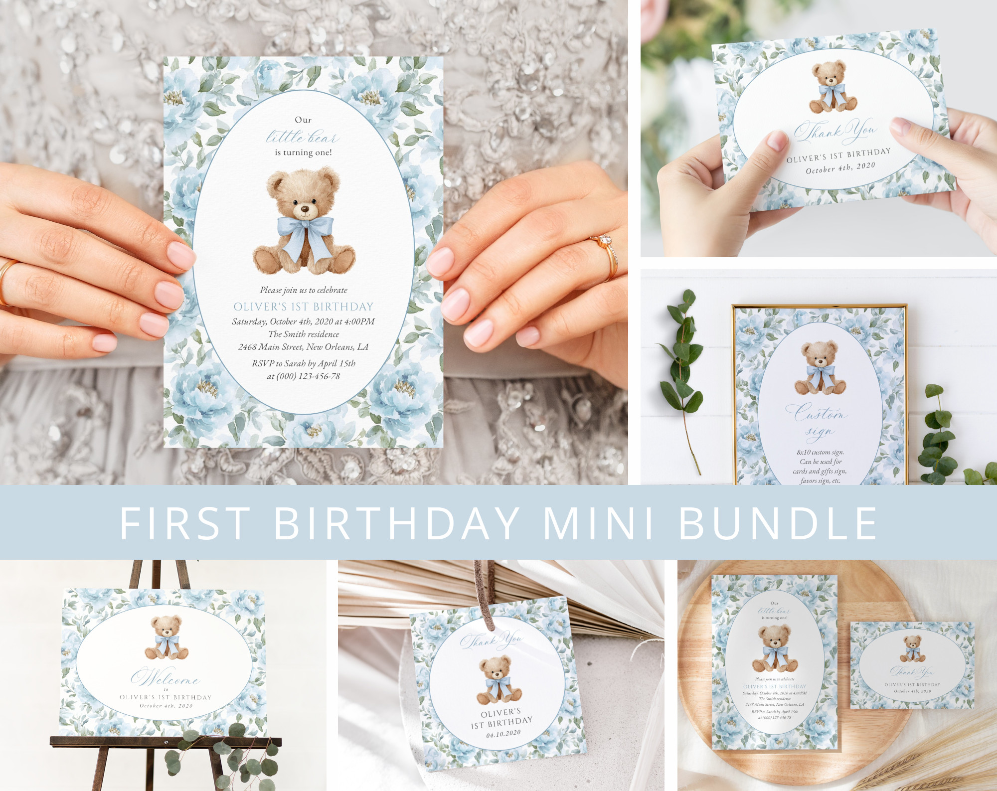 Teddy Bear and Blue Flowers First Birthday Mini Bundle, Boy Birthday, Printable File, Edit Yourself, SH238